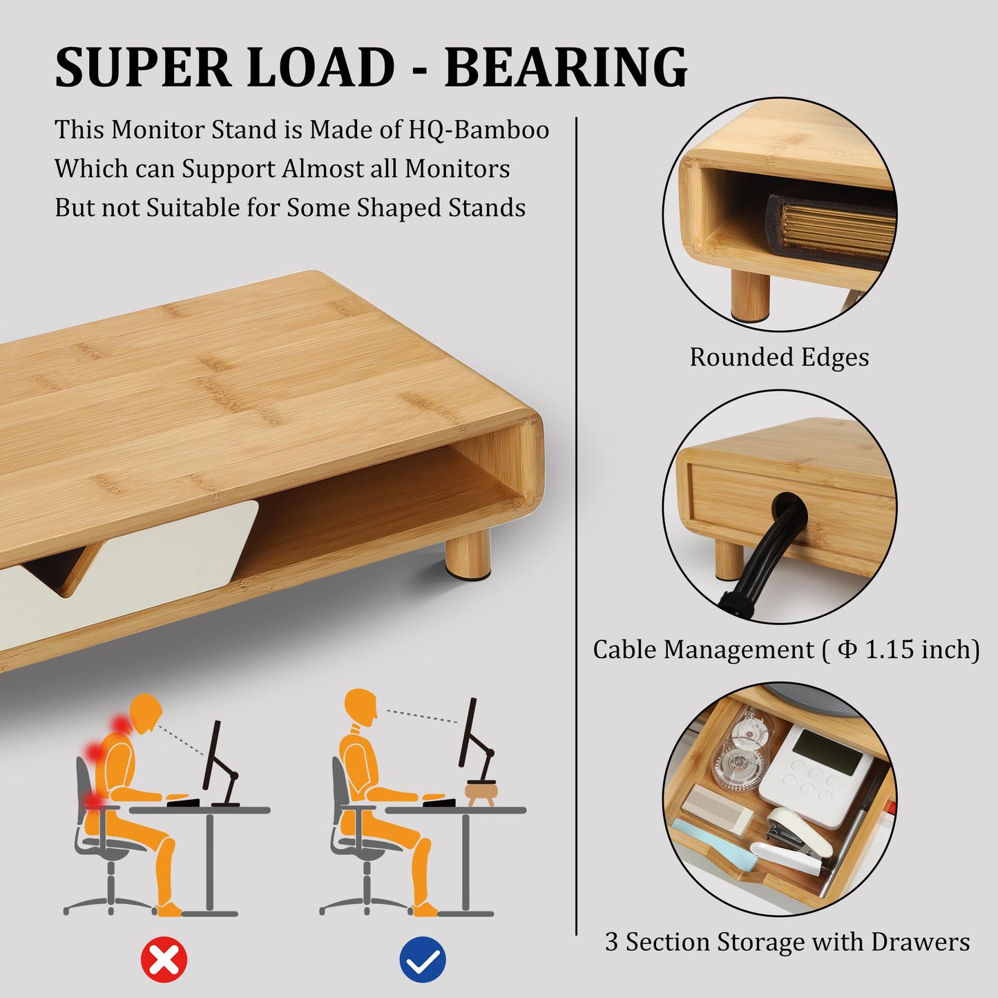 Homerays Monitor Stand with Drawer, Exquisite Computer Monitor Stand for Desk, Ergonomic Wood