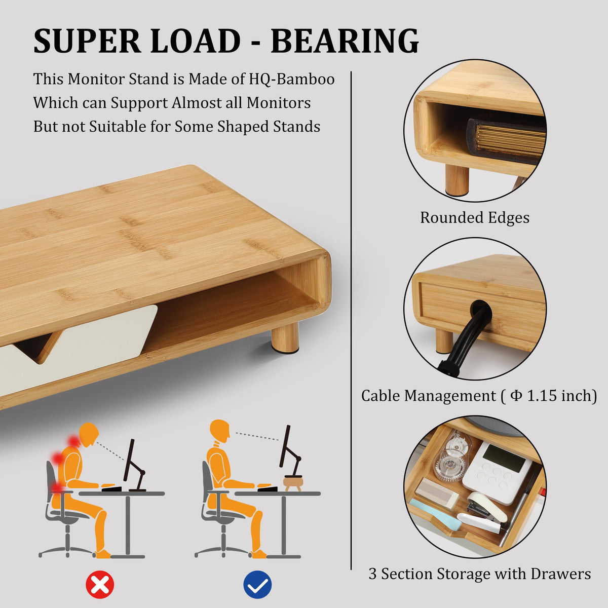 Homerays Monitor Stand with Drawer, Exquisite Computer Monitor Stand for Desk, Ergonomic Wood