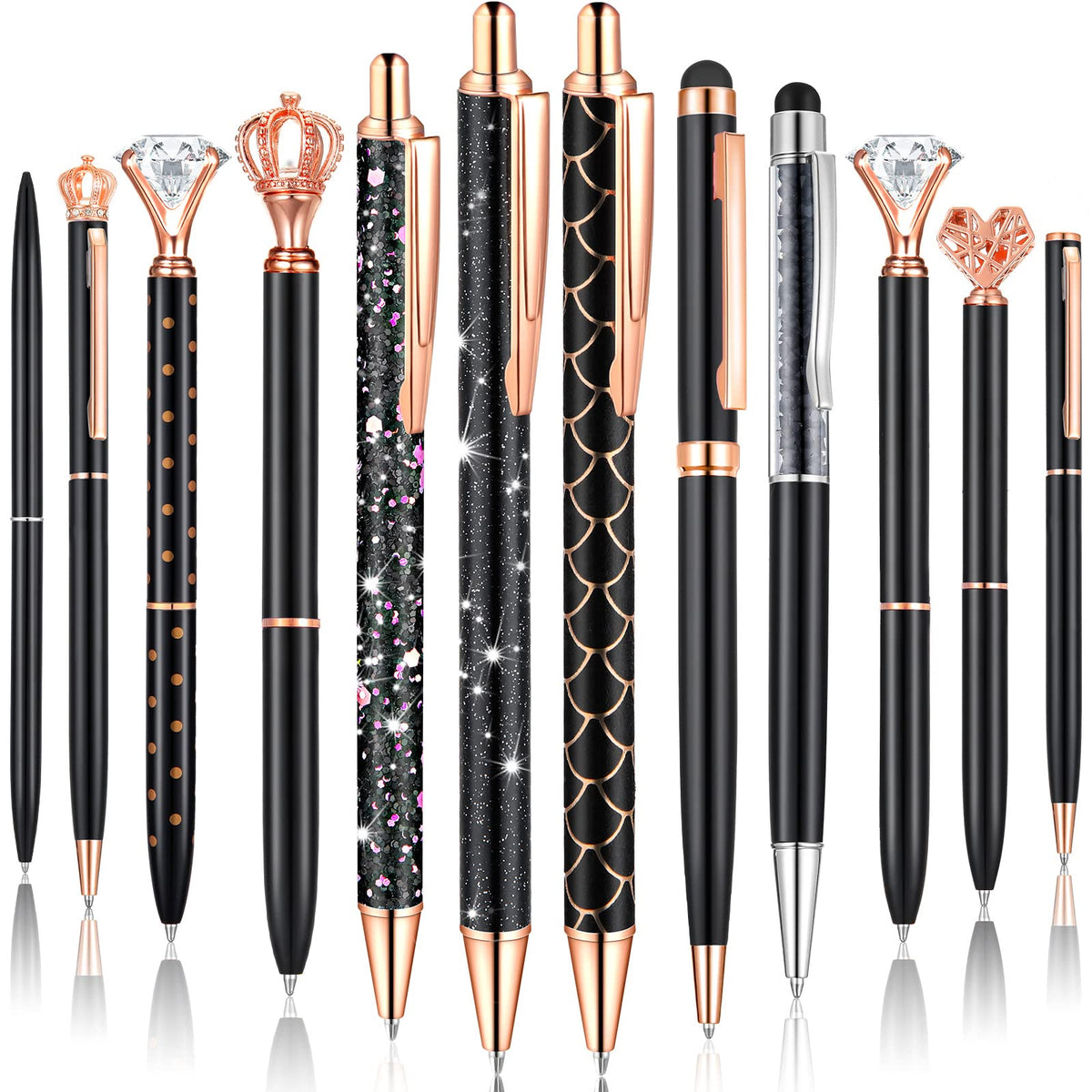 12 Pcs Diamond Pens Metal Liquid Sand Glitter Cute Ballpoint Pen Set Girly Crystal Pen Women
