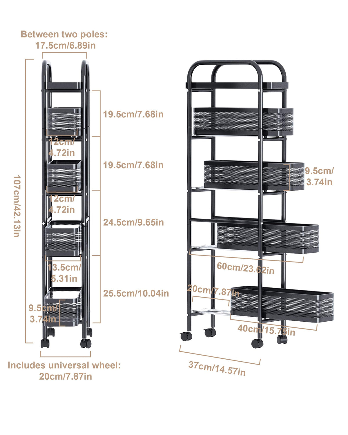 UMDONX 5-Tier Narrow Mobile Storage Cart with Pull-Out Baskets