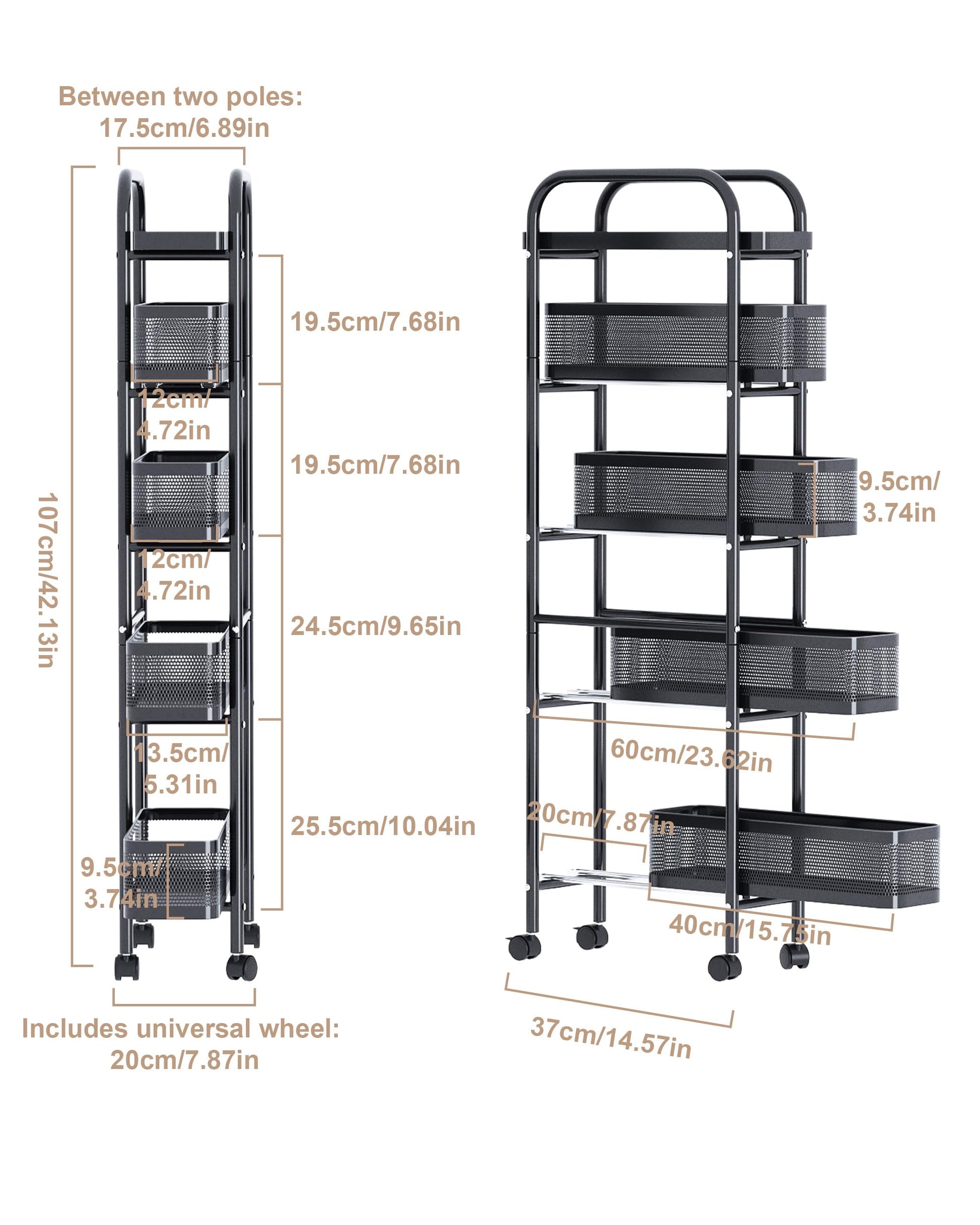 UMDONX 5-Tier Narrow Mobile Storage Cart with Pull-Out Baskets