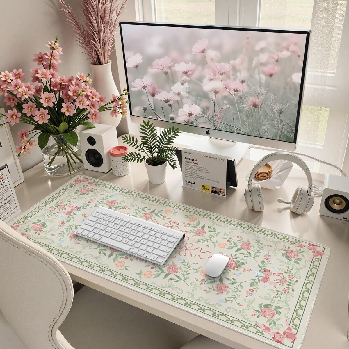 HAOCOO Cute Green Bow Desktop Mat, 35.4" x 15.7" Keyboard Pad for Office