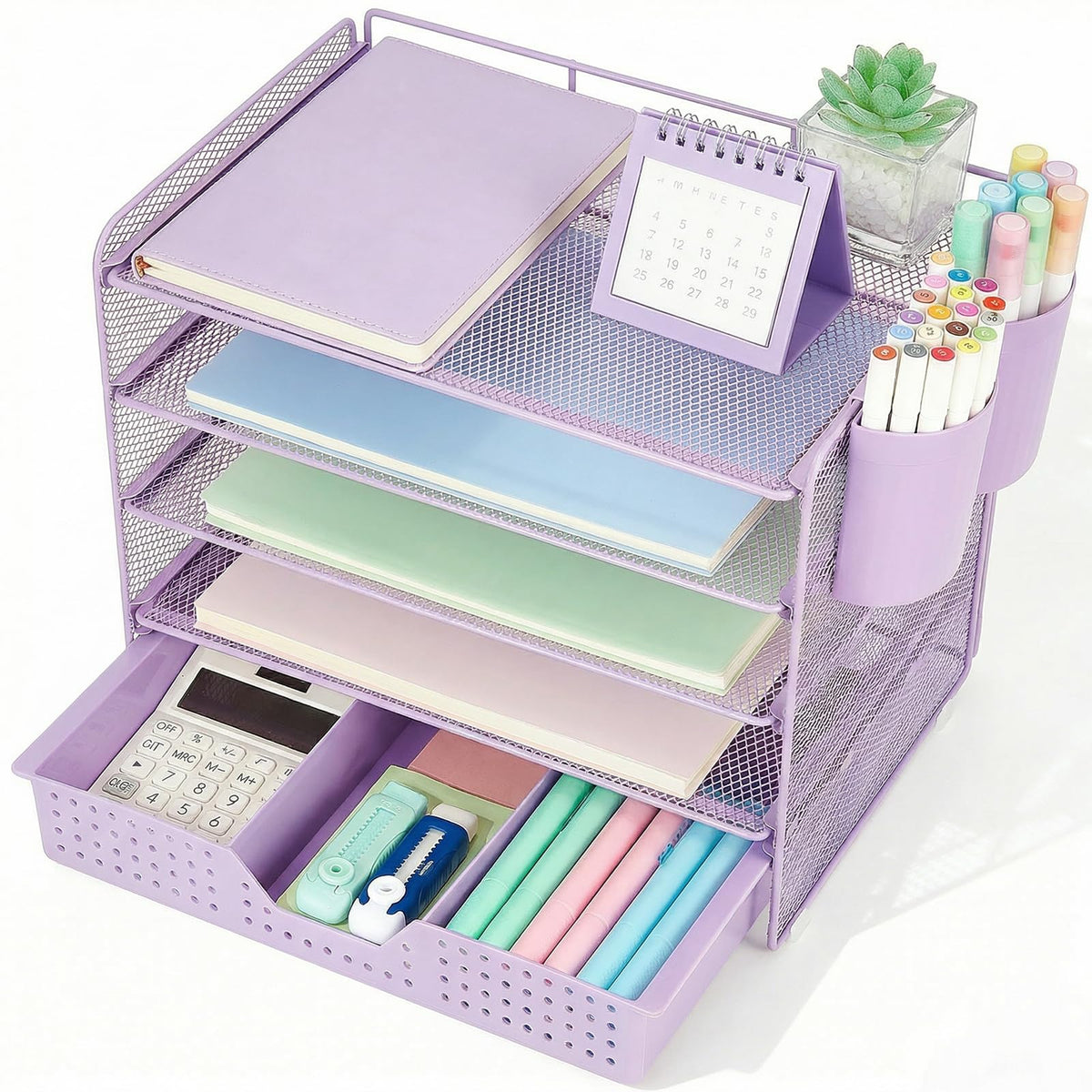LEKETREE Desk Organizers and Accessories, 5-Tier Paper Letter Tray Organizer with Drawer & 2 Pen