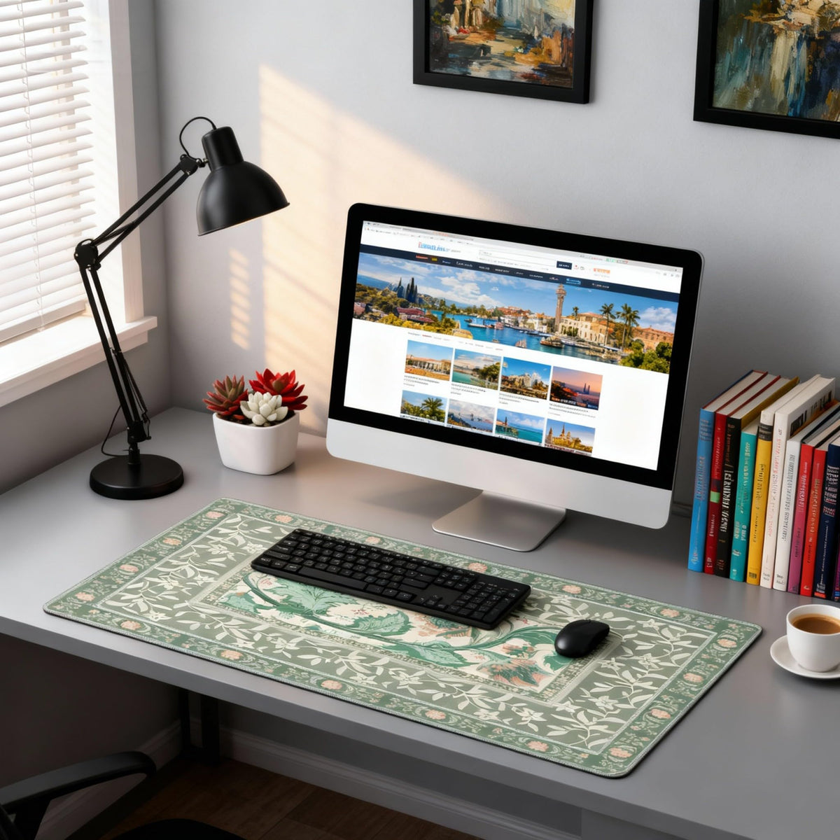 Sage Green Floral XXL Desk Pad Mat - Extra Large Mouse Pad with Anti-Slip Base & Stitched Edges for