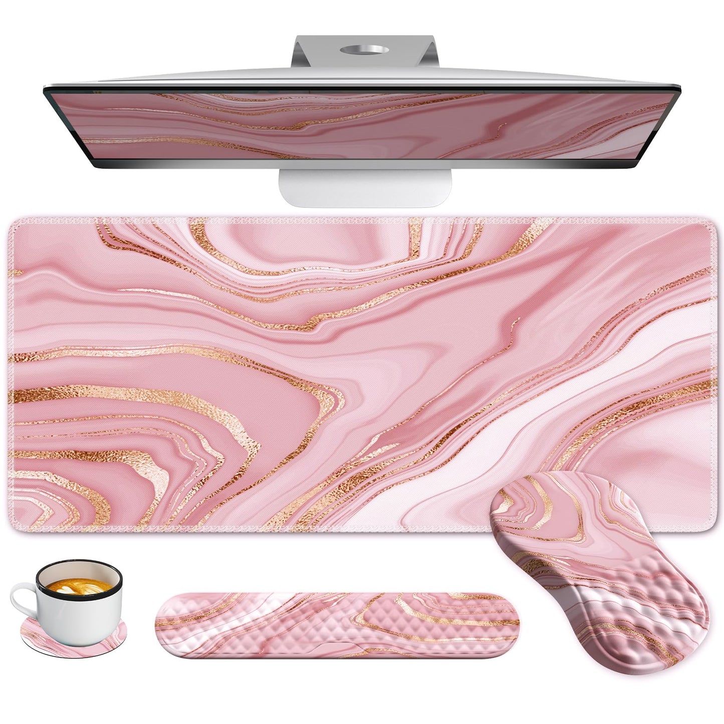 Anyshock Light Pink Desk Mat Set with Mouse Pad and Memory Foam Wrist Rest, Soft Mat for Mouse and