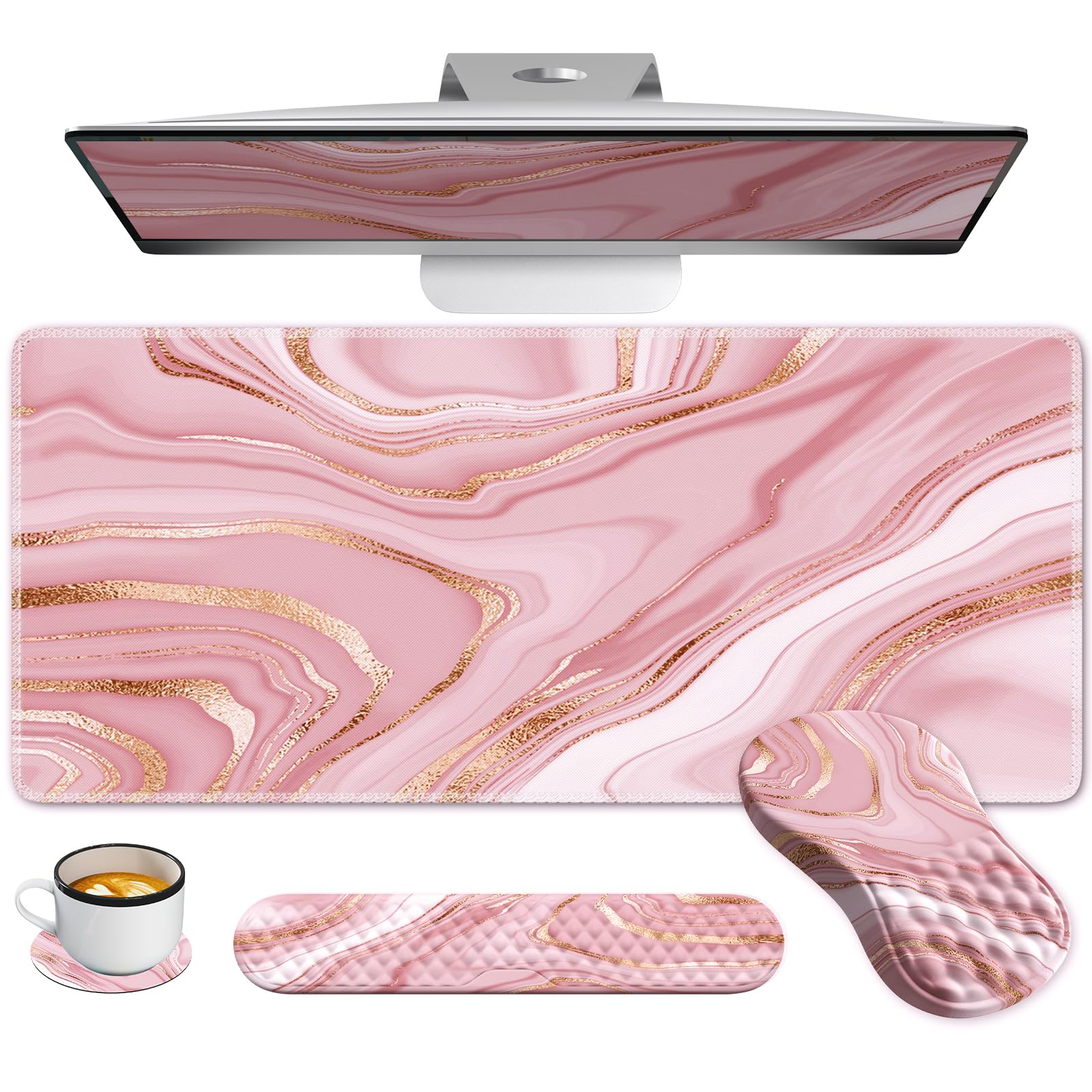 Anyshock Light Pink Desk Mat Set with Mouse Pad and Memory Foam Wrist Rest, Soft Mat for Mouse and