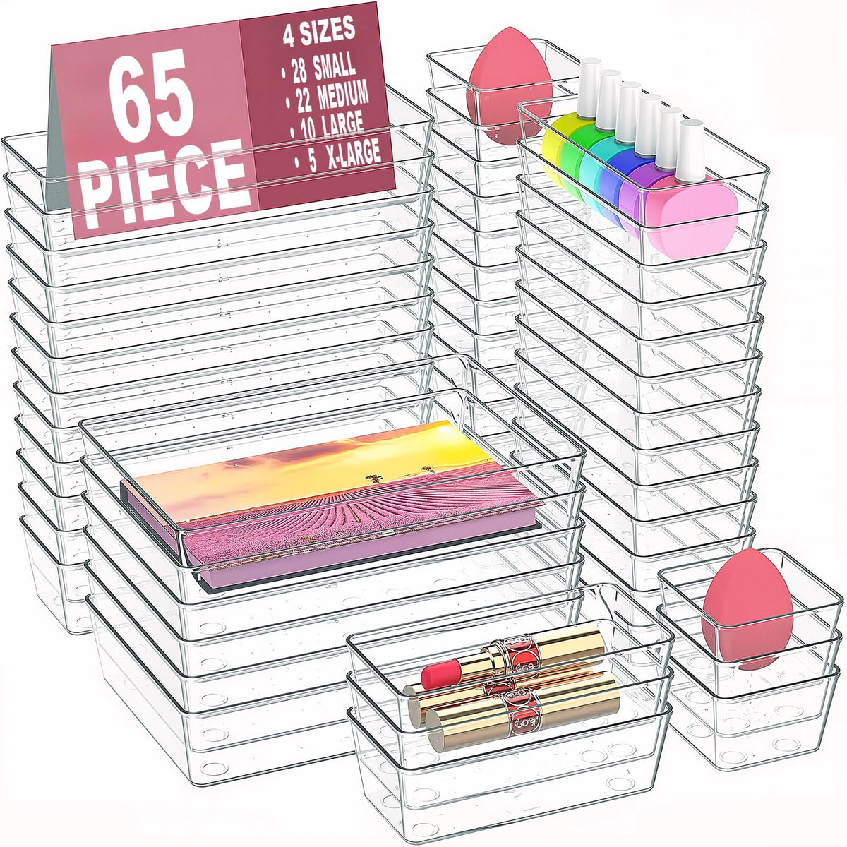 Manalete 65 Pcs Clear Plastic Drawer Organizer, Makeup & Vanity Organizer