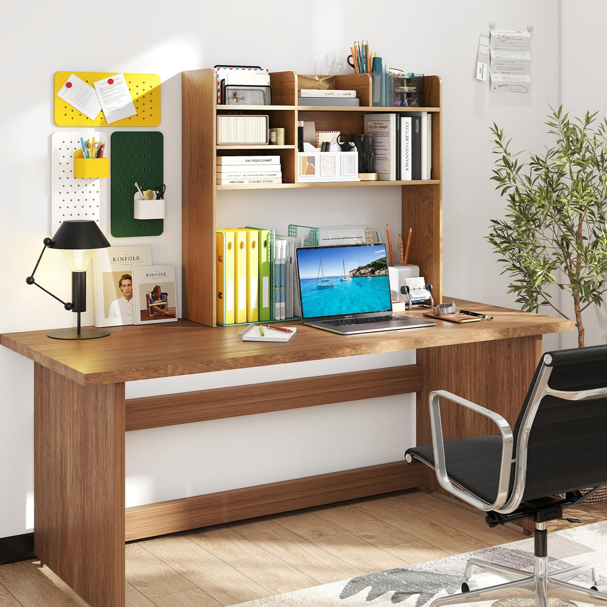 Giantex Desktop Bookshelf, 37" Desk Hutch Dorm for Computer Up to 32 Inch, Countertop Hutch w/6