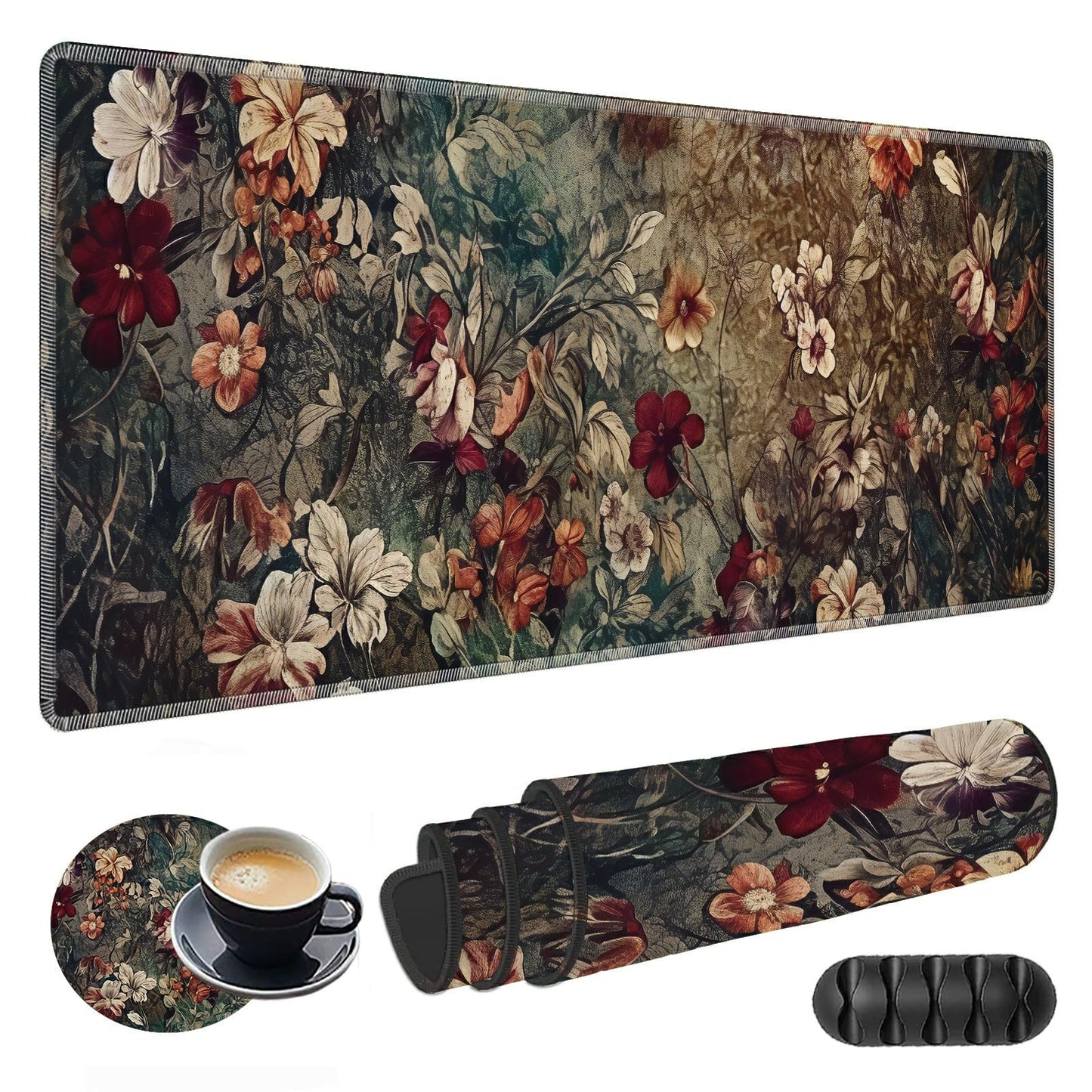 Large Gaming Mouse Pad Plus a Coasters + Cable Clips, Dark Art Flowers Extended Mousepad (31.5 x