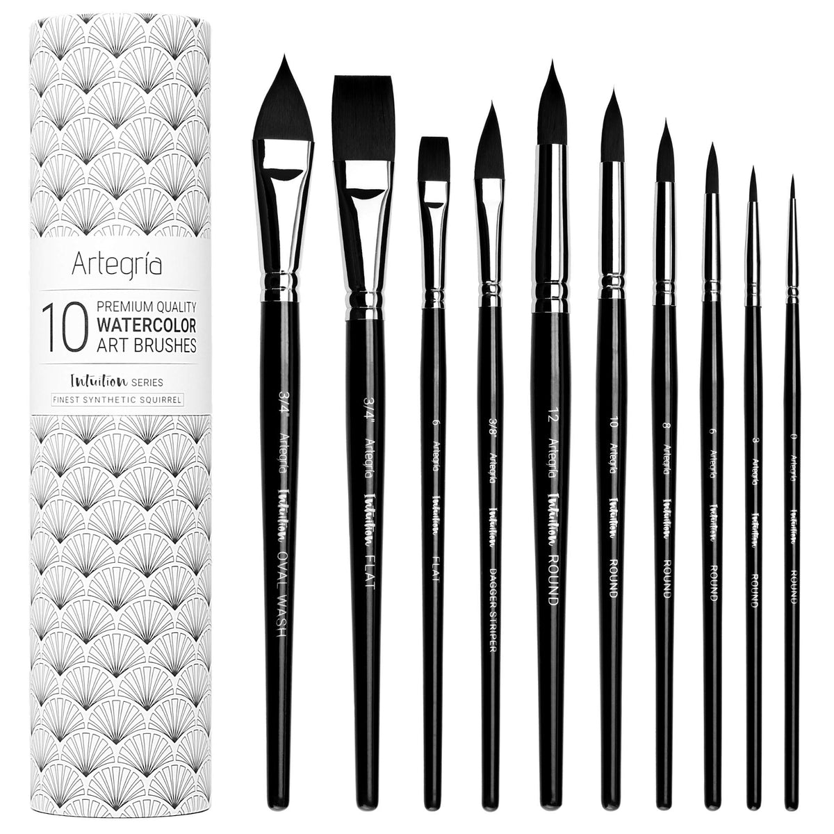ARTEGRIA Watercolor Brush Set, 10 Soft Synthetic Squirrel Brushes