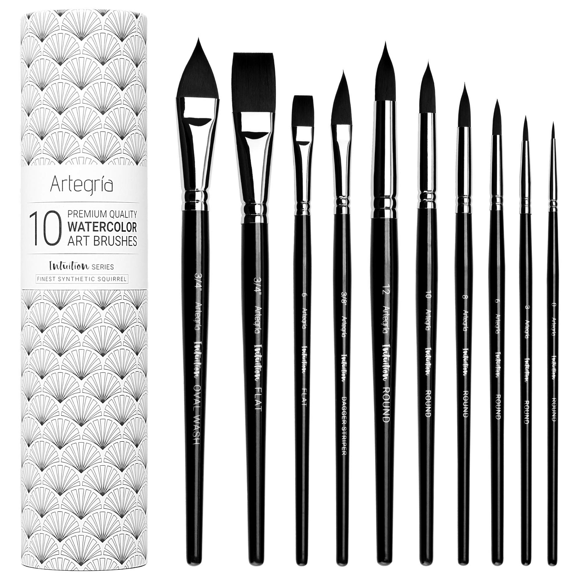 ARTEGRIA Watercolor Brush Set, 10 Soft Synthetic Squirrel Brushes