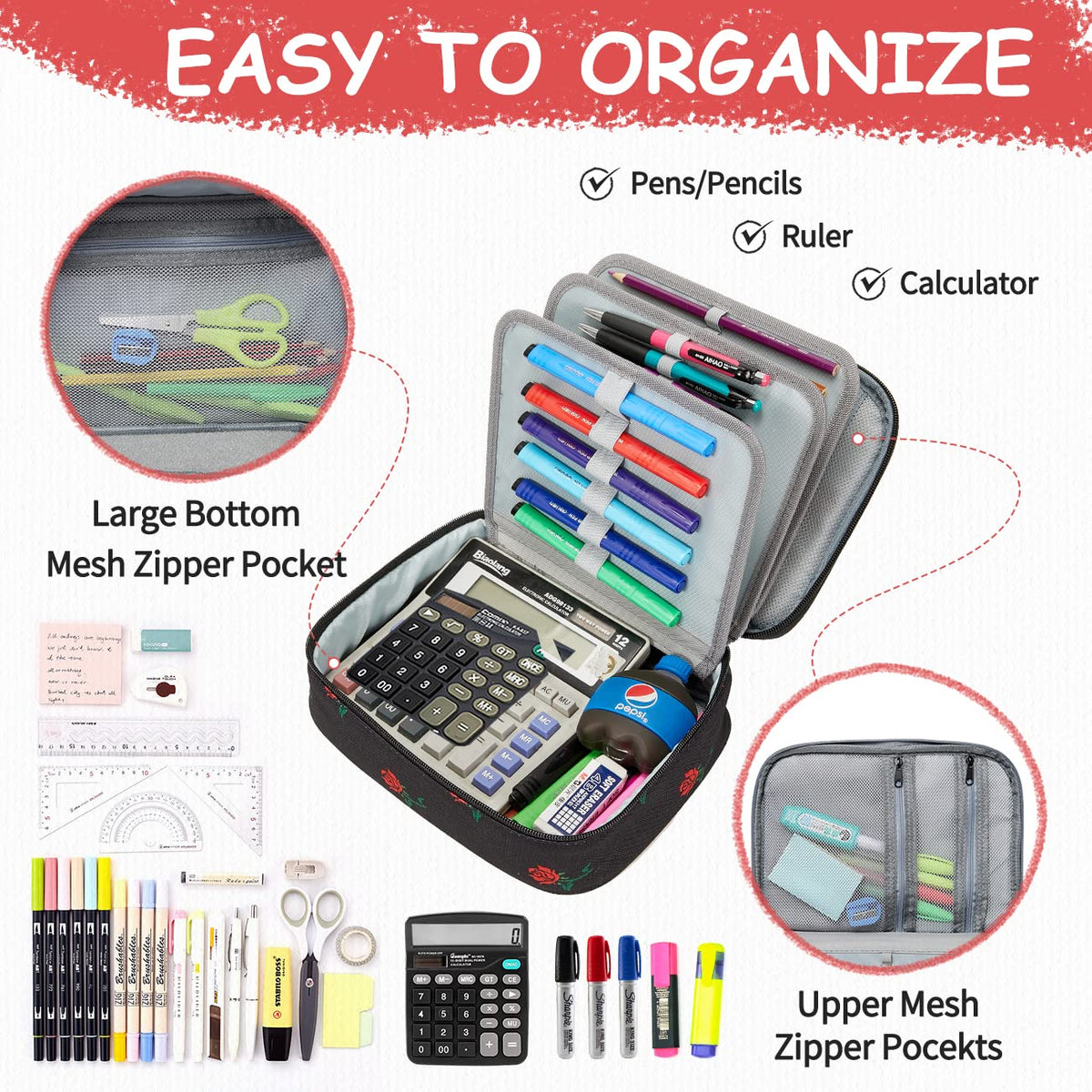 VASCHY Large Pencil Case Bag, Art Supply Marker Organizer Big Pen Pouch with Detachable Layers