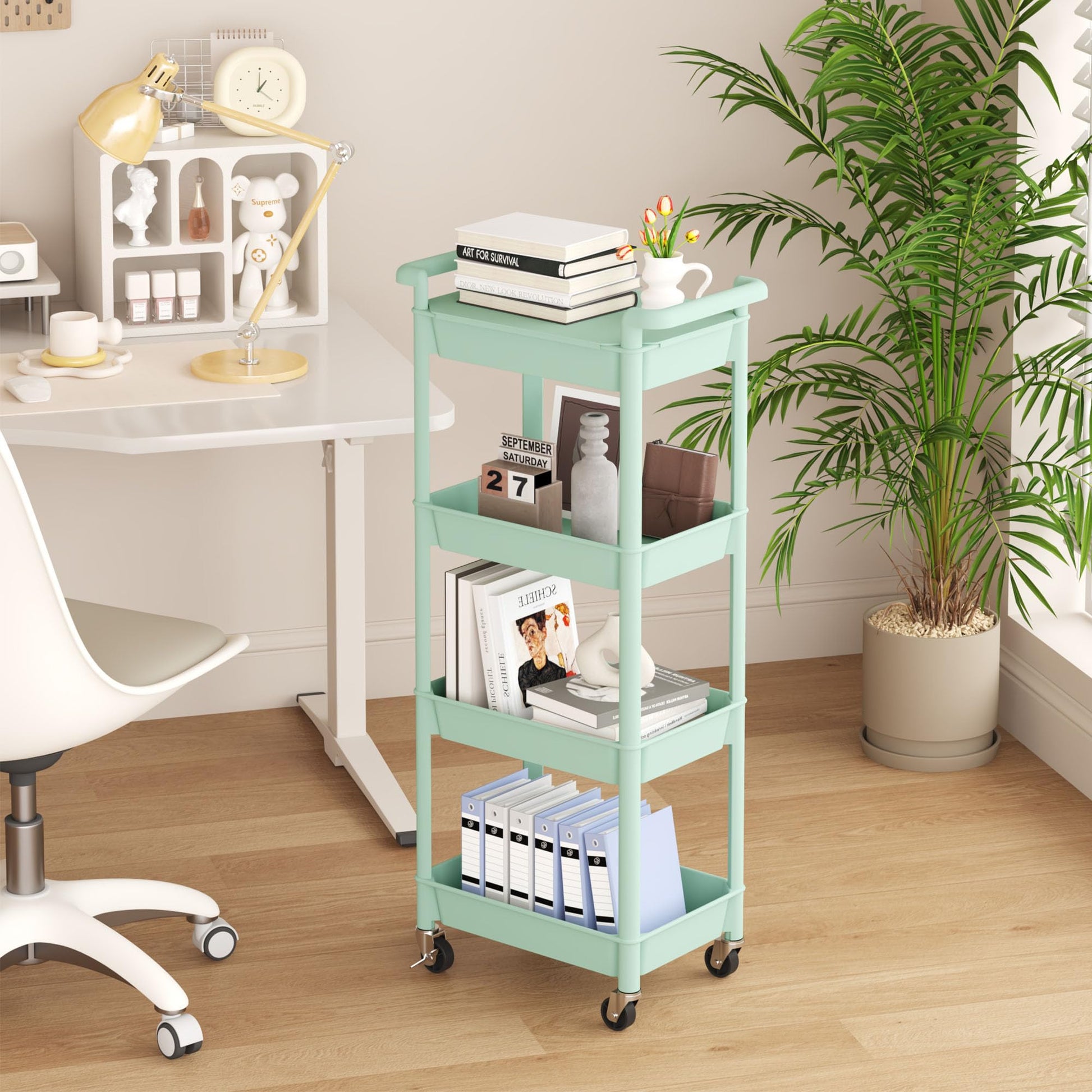 MIOCASA Utility Rolling Cart with Detachable Tray Top, 4-Tier Kitchen Storage Organization, Art