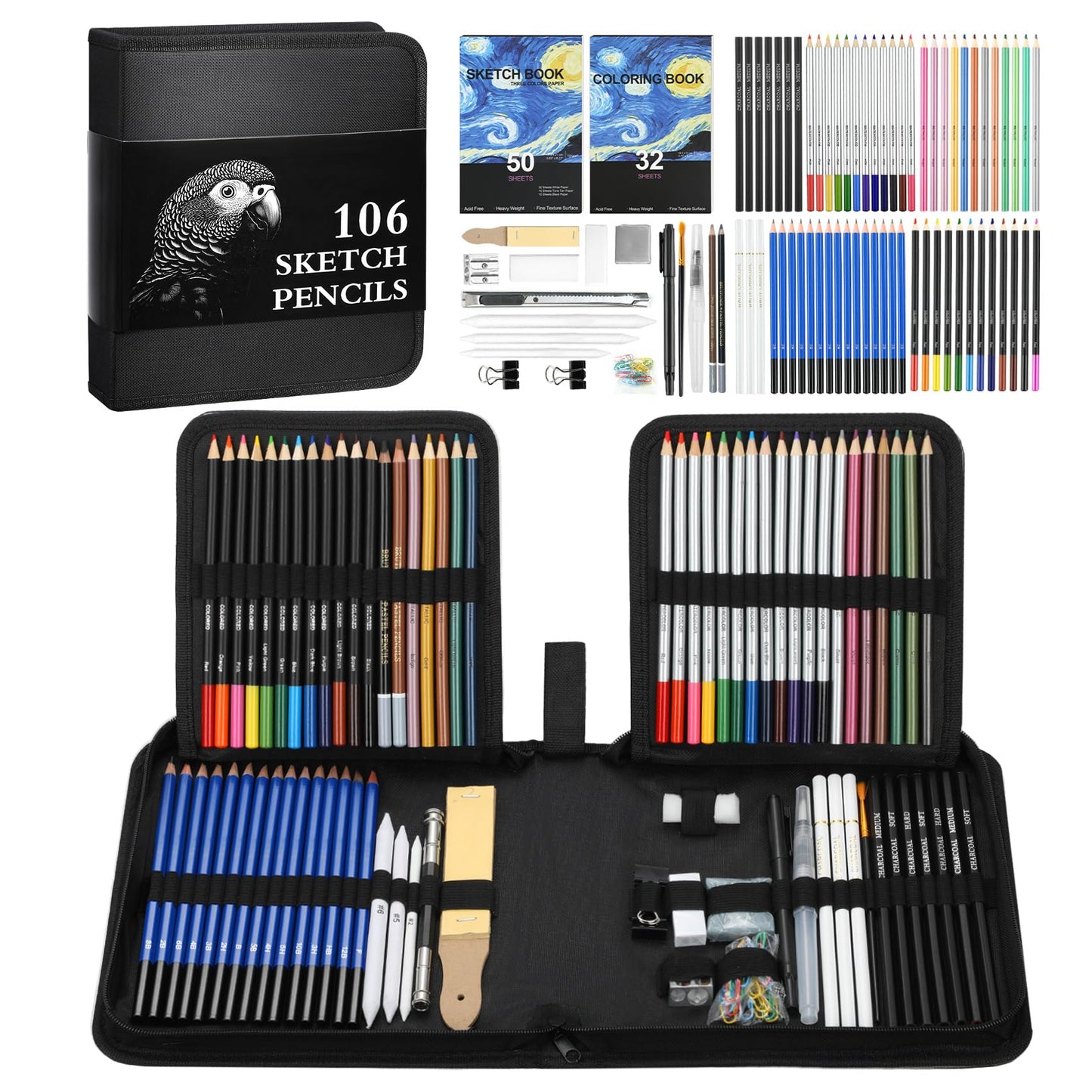 TMOL 106 Pack Art Supplies Sketching Kit with 3-Color Sketch Book, Coloring Book, Drawing Pencils