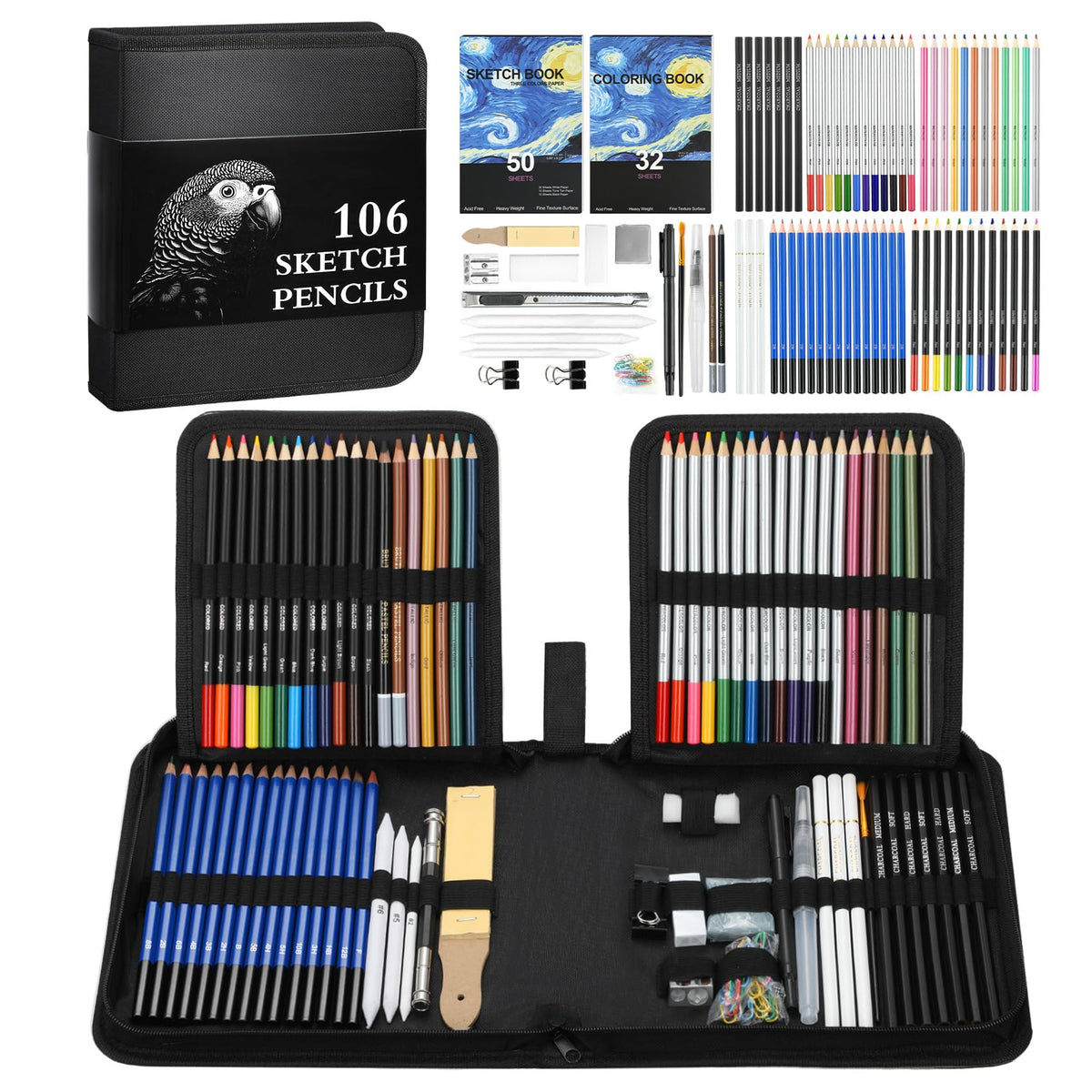 TMOL 106 Pack Art Supplies Sketching Kit with 3-Color Sketch Book, Coloring Book, Drawing Pencils