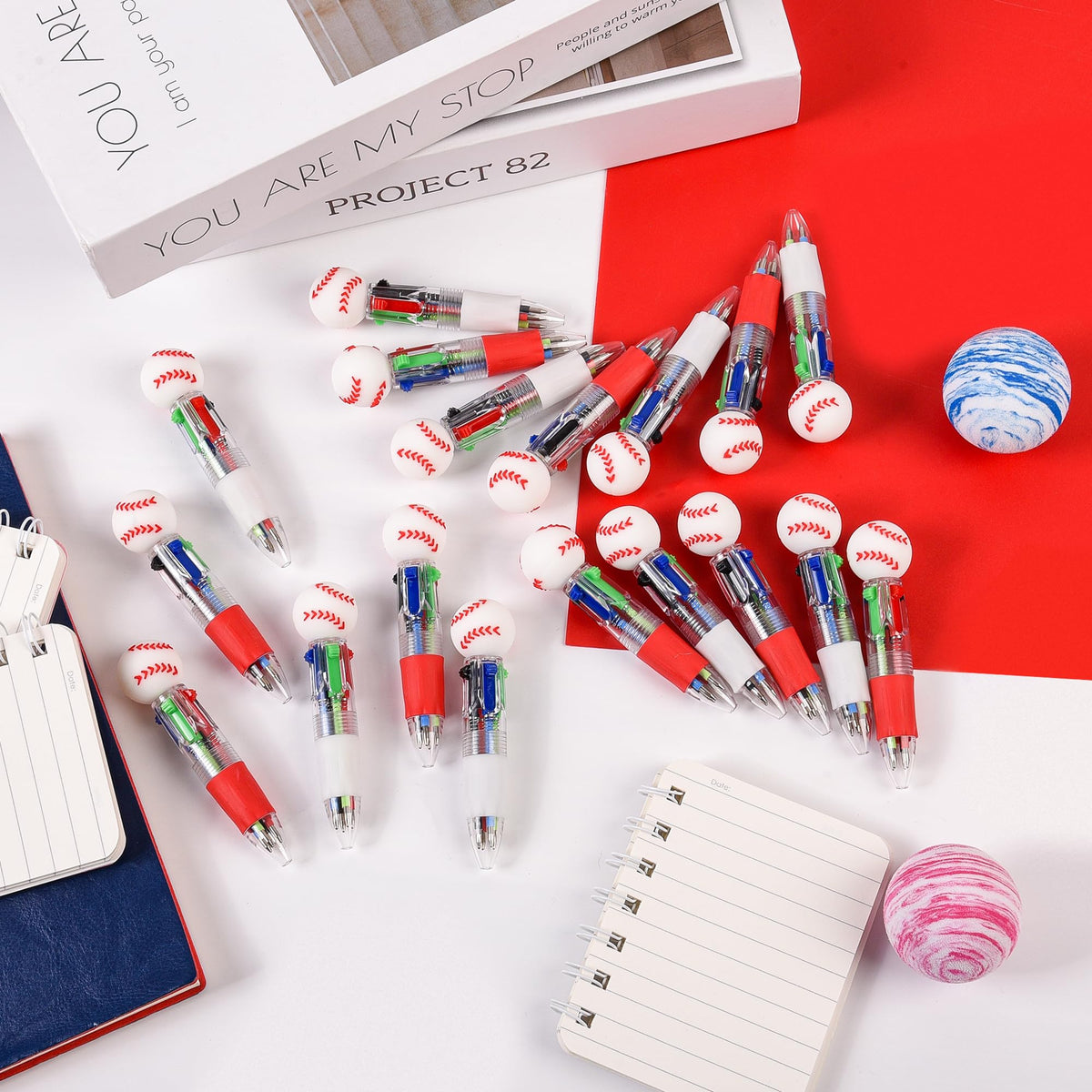 LiYiQ 100 Pcs Baseball Party Favor Multicolor Pen in One Cartoon Cute Fun 4-in-1 Cute Pens Bulk