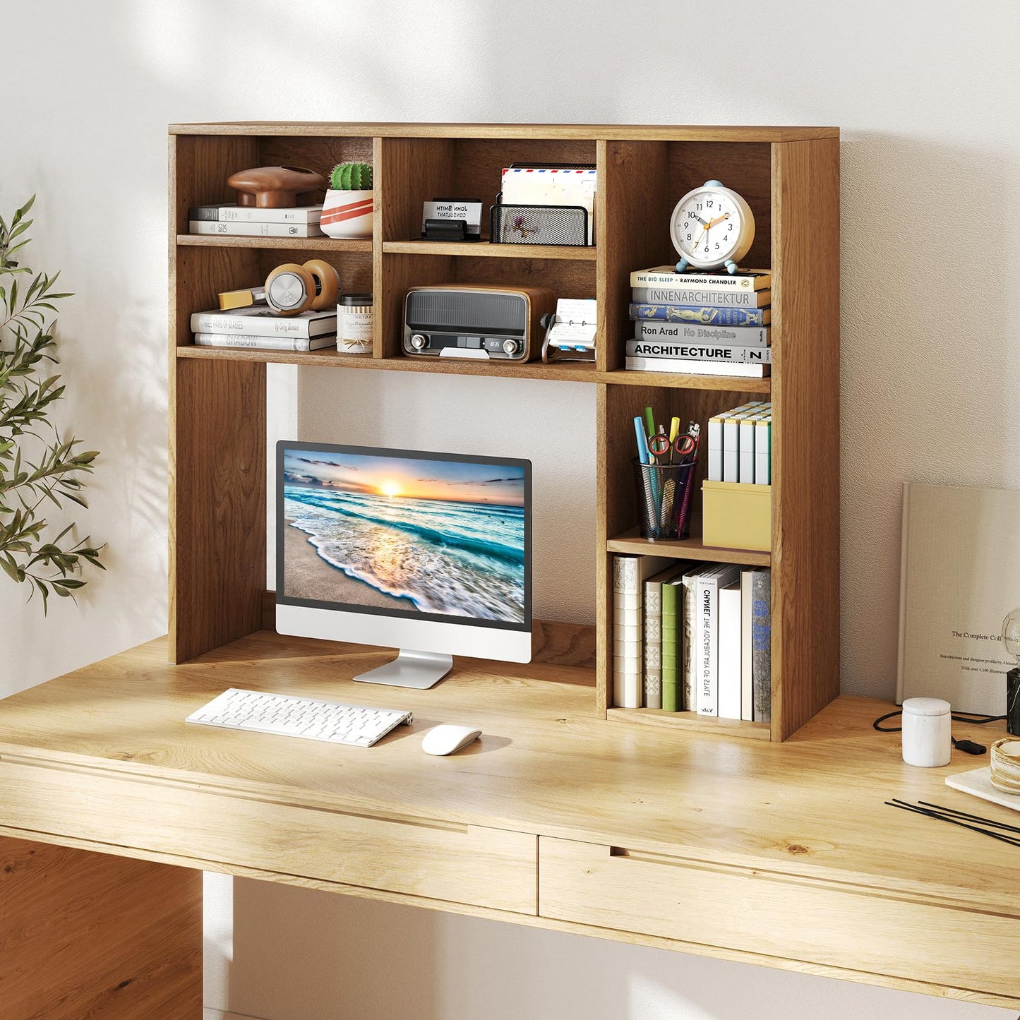 Giantex Desktop Bookshelf, Desk Hutch Dorm w/ 7 Cubes & 3 Adjustable Shelves, Desk Shelf for Up to
