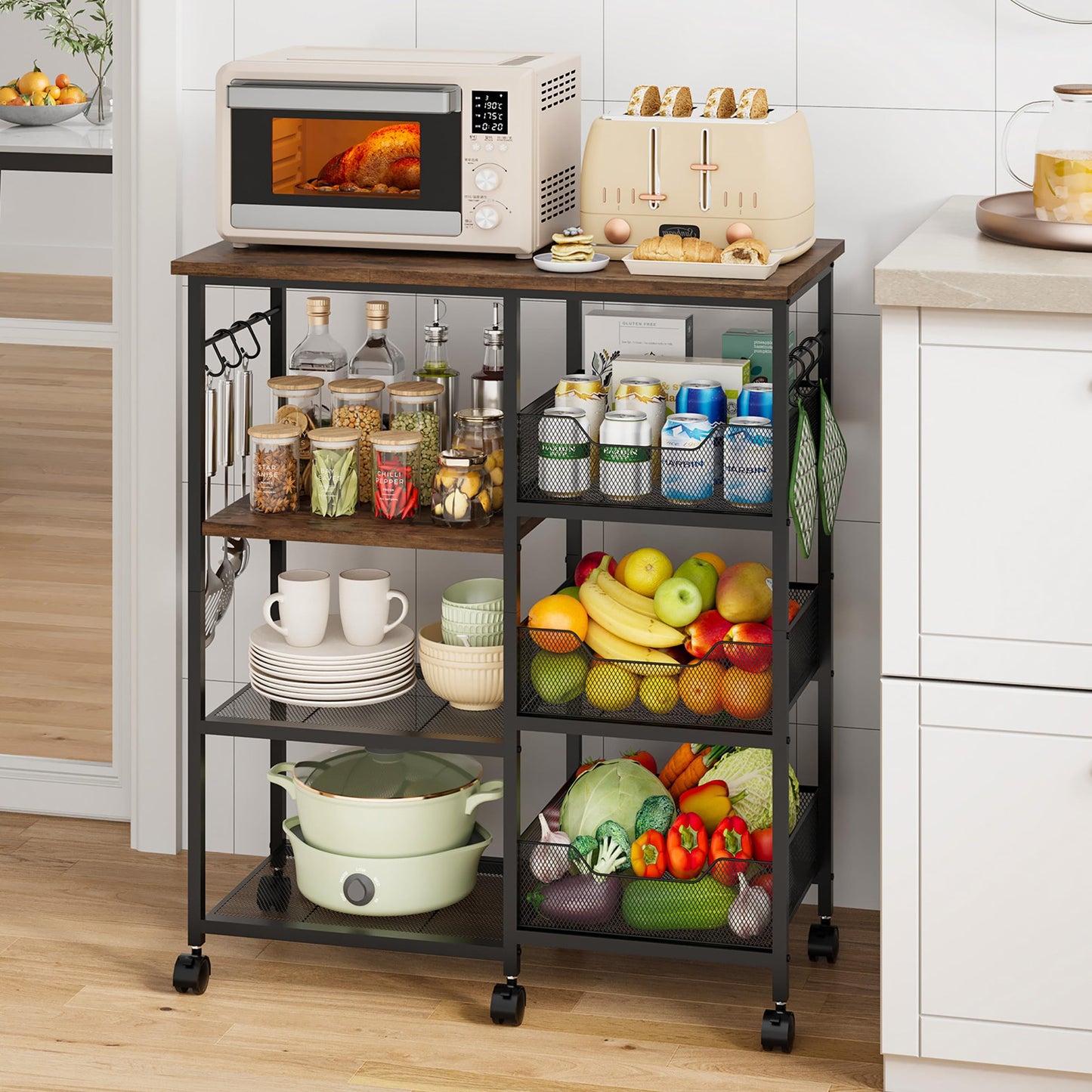 HapiRm Rolling Kitchen Carts with Storage - Microwave Table Stand with 6 Hooks & 3 Baskets, kitchen