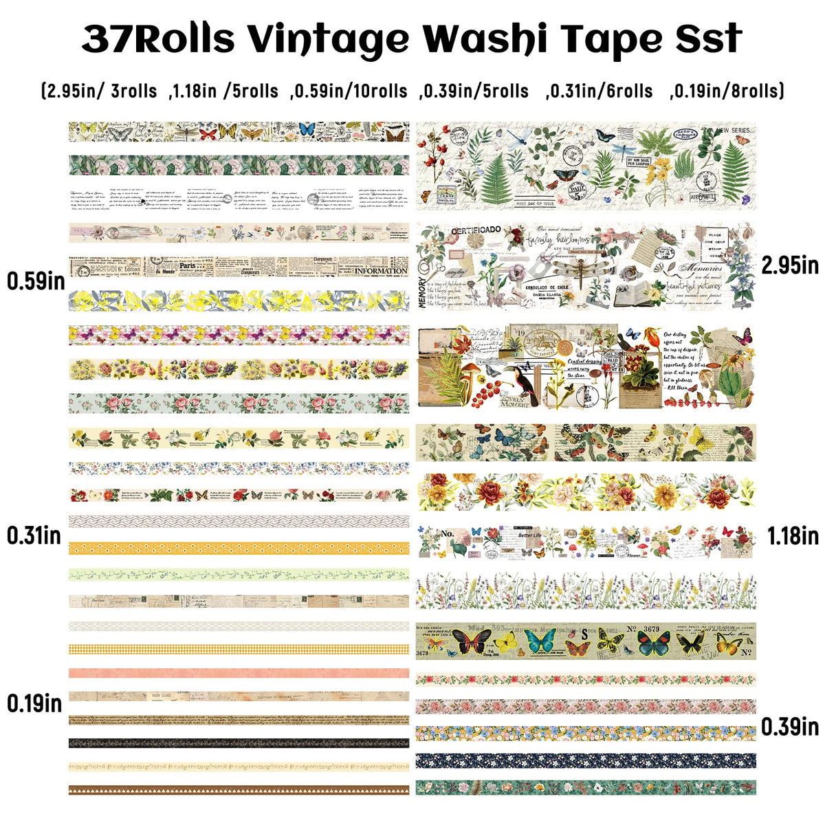 37 Rolls Vintage Washi Tape Set - Decorative Tape Floral Butterfly Mushroom Botanical,Adhesive Tape