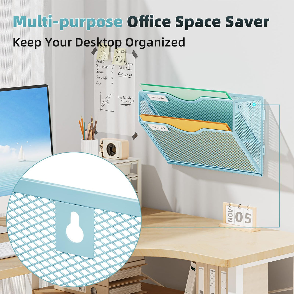 Marbrasse Wall File Holder 2-Tier Hanging Wall File Organizer, Mesh Mail Holder for Papers, Wall
