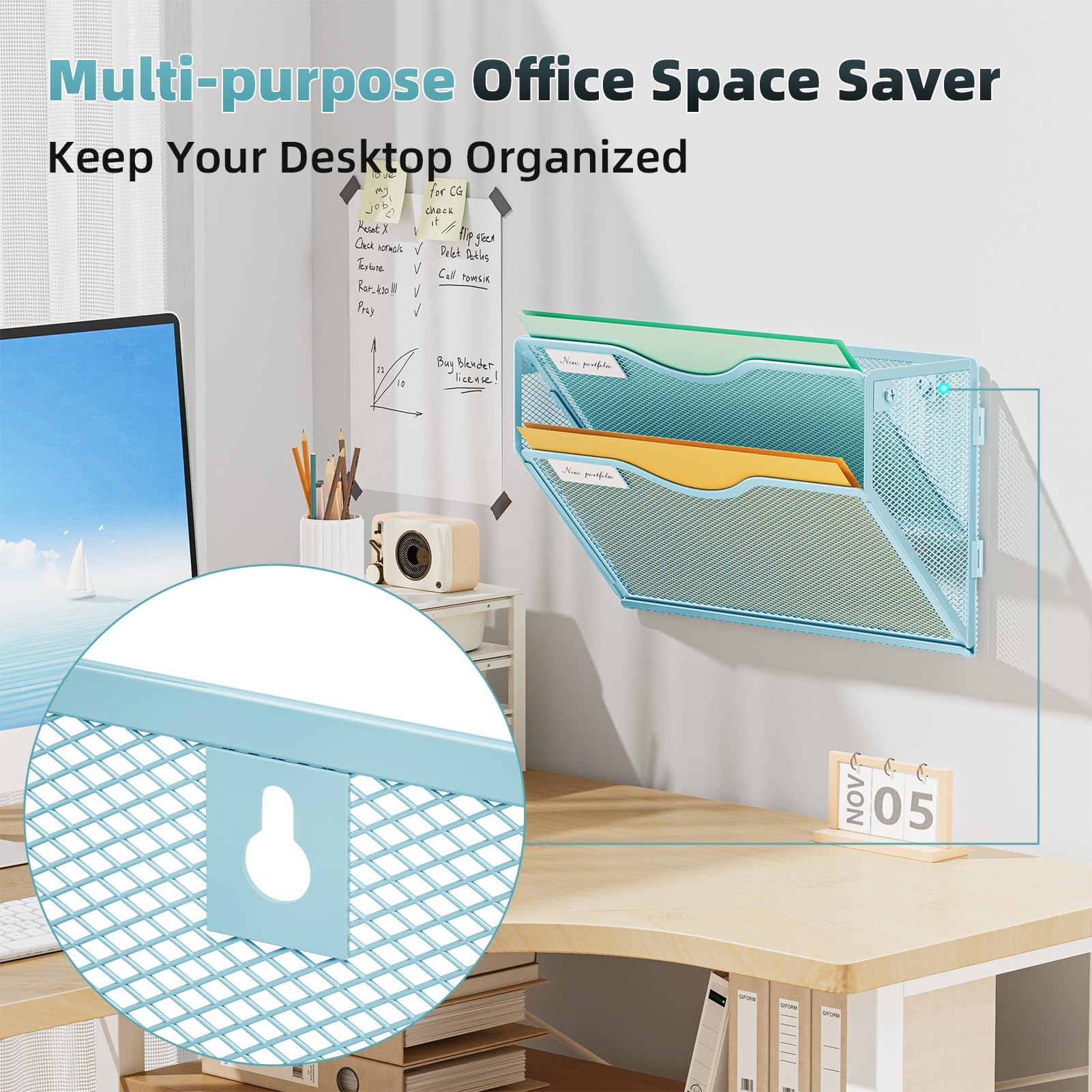 Marbrasse Wall File Holder 2-Tier Hanging Wall File Organizer, Mesh Mail Holder for Papers, Wall