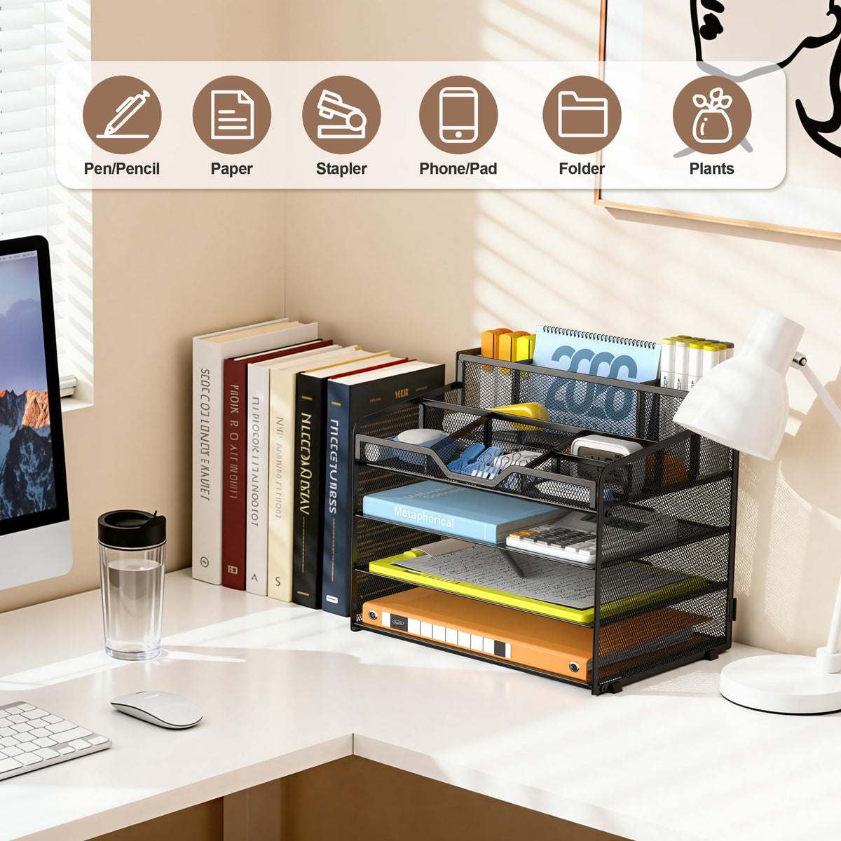 Docnest 4 Tier Mesh Desk Organizer with Letter Tray & Paper Sorter, Black