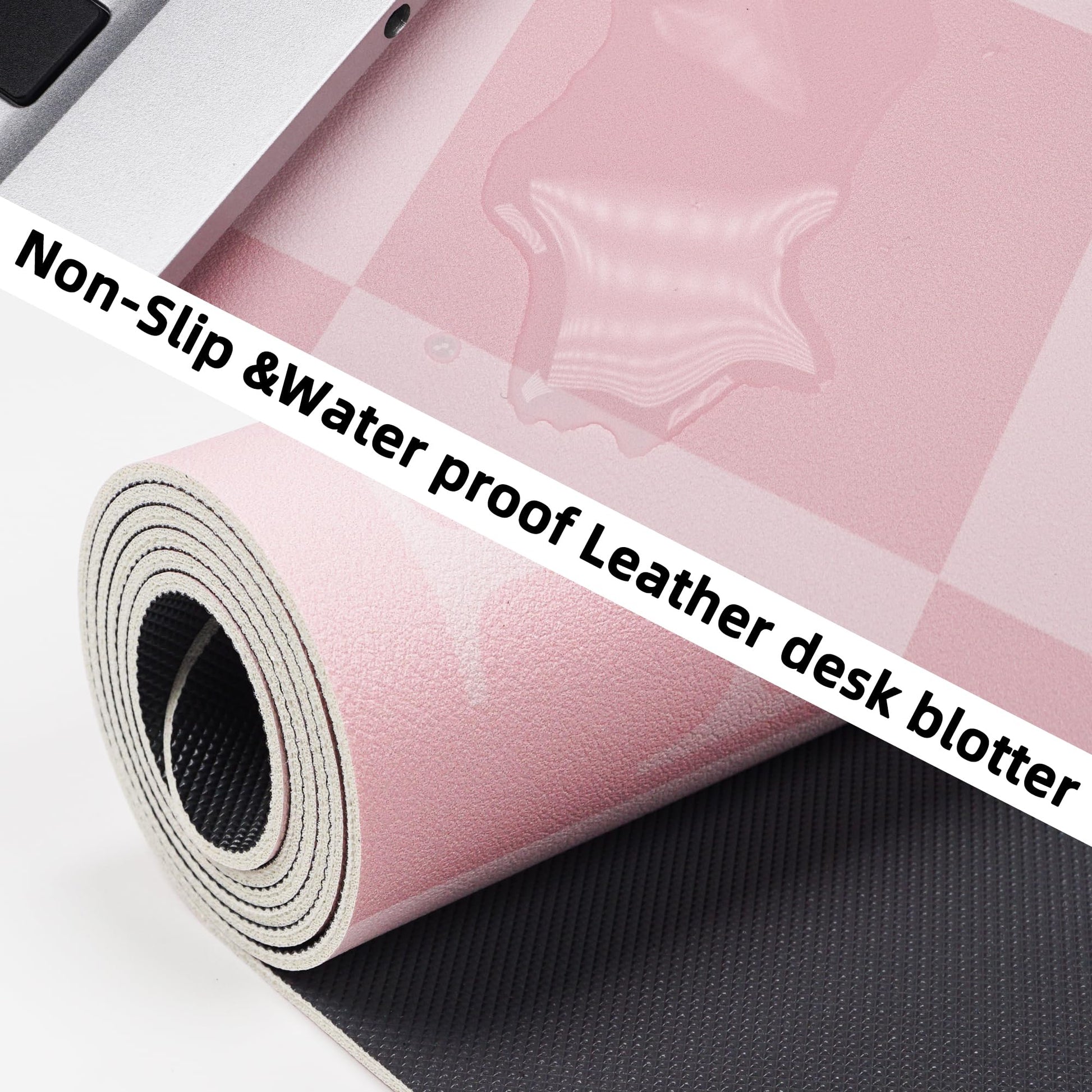 AFIING Pink Checkered Desk Mat, 31.5" x 12"，Waterproof PU Leather Desk pad