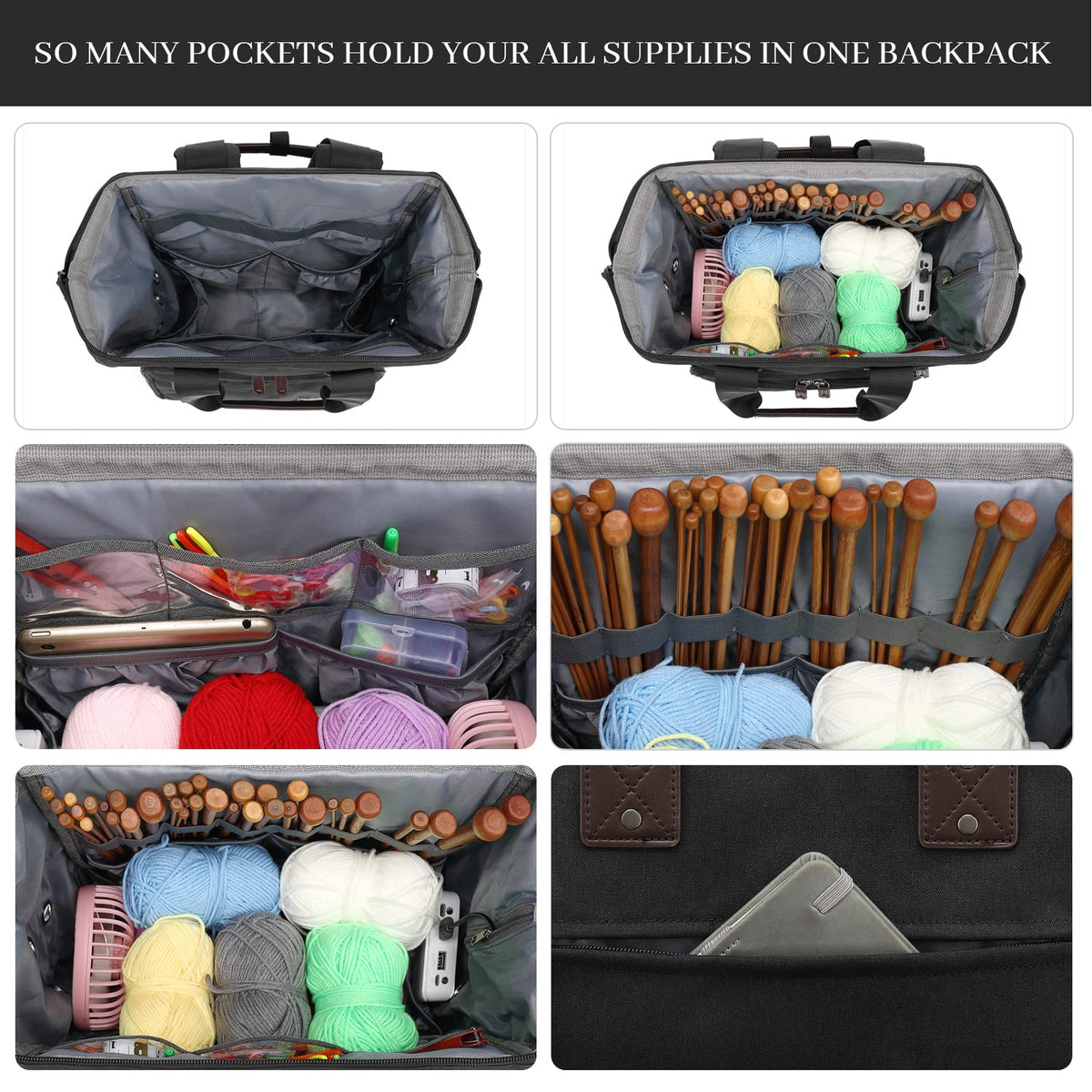 Knitting Bag Backpack Yarn Storage Organizer Travel Bag with USB Charging Port, Tote Bag Holder for