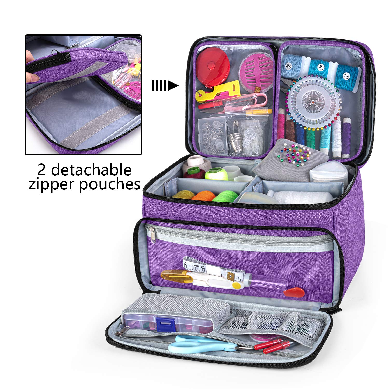 Luxja Sewing Storage Organizer with 2 Detachable Clear Pockets, Purple