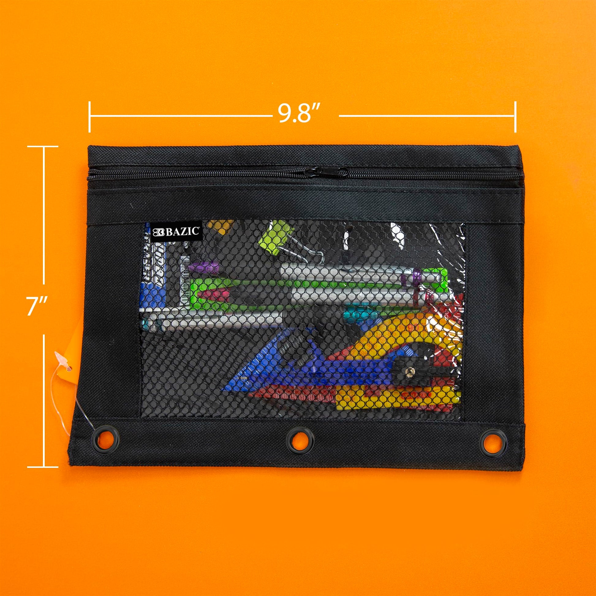 BAZIC PRODUCTS Black 3-Ring Pencil Pouch with Mesh Window, 24-Box
