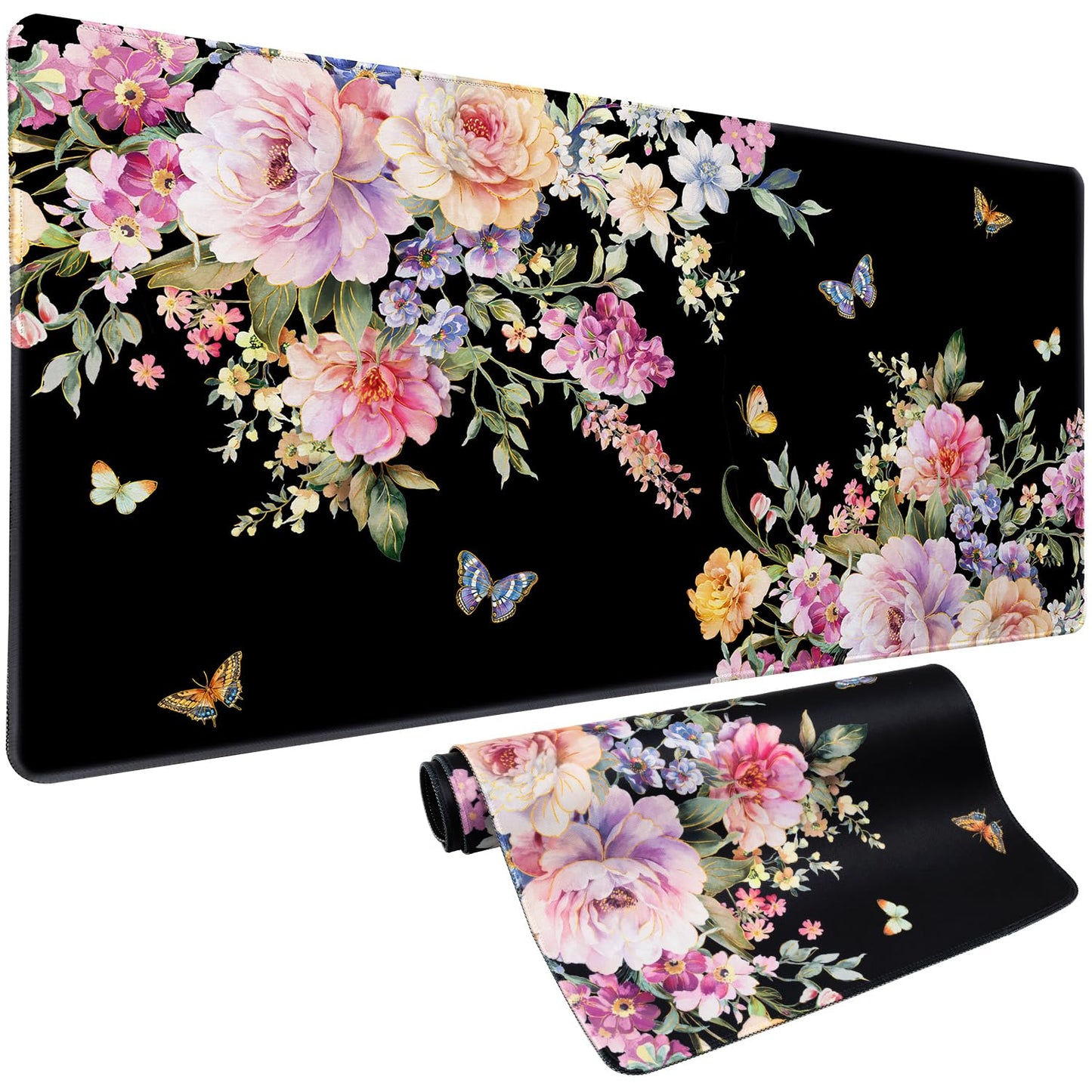 Pink Flower Desk Mat Mouse Pad Waterproof, Butterfly Floral XXL Extended Large Gaming Desk Pad