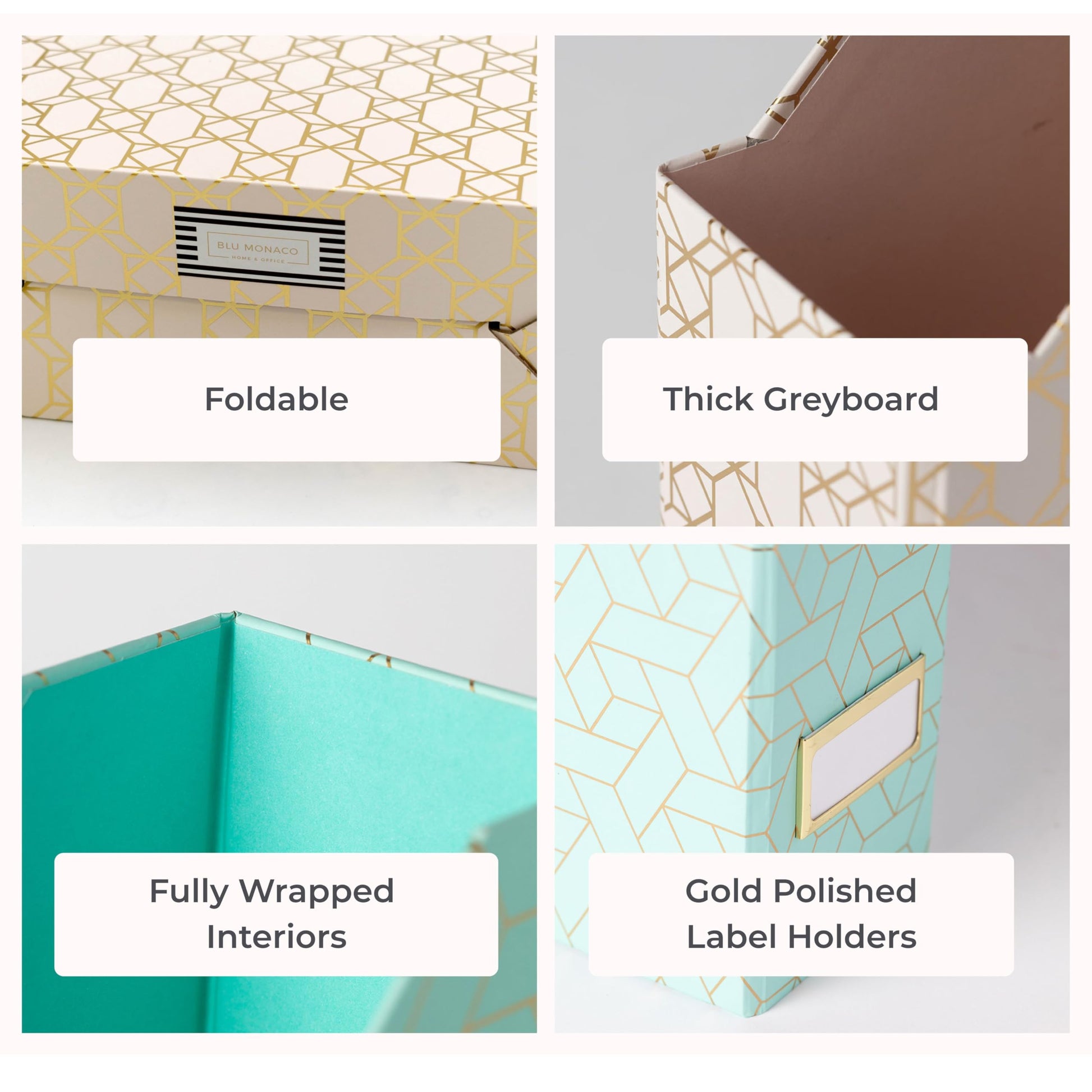 BLU MONACO | Set of 4 Foldable Pink & Aqua Magazine File Holders with Gold Geometric Patterns |