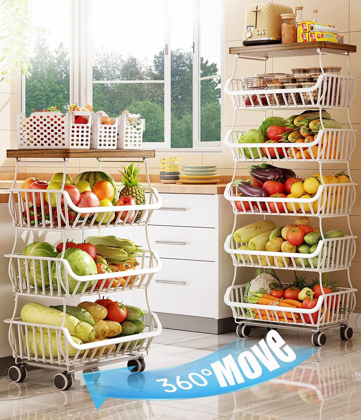 MURRI&MURRDI Fruit Vegetable Storage Basket with Wooden Lid, 6 Tier Stackable Kitchen Cart with