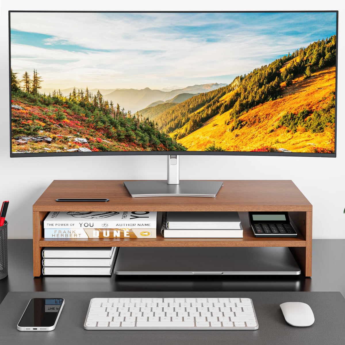 BONTEC Wood Monitor Stand Riser, 2-Tier Desktop Organizer