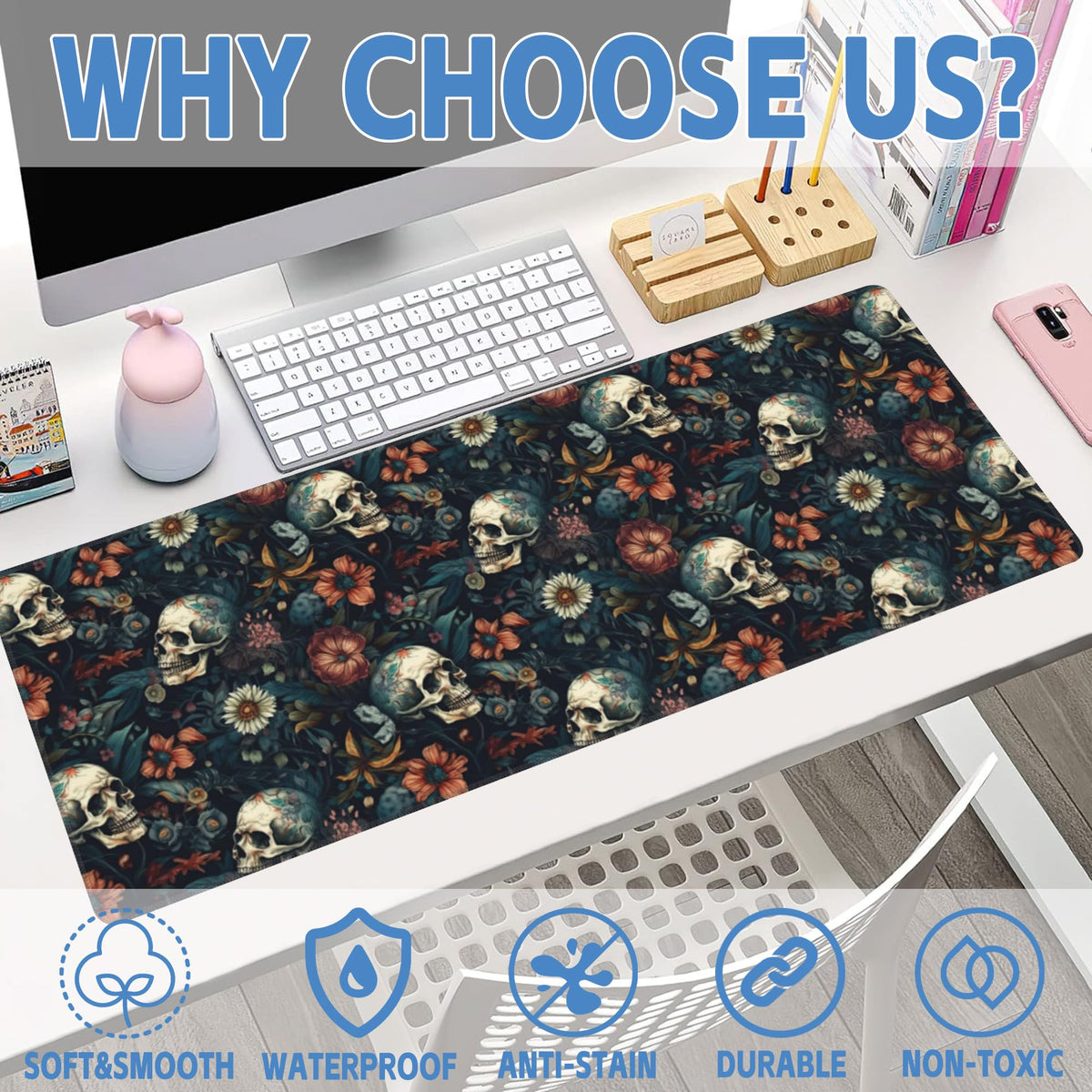 Desk Mat,Skulls with Flowers Large Gaming Mouse Pad XL,Skull Floral Desk Pad,Extended Big Computer