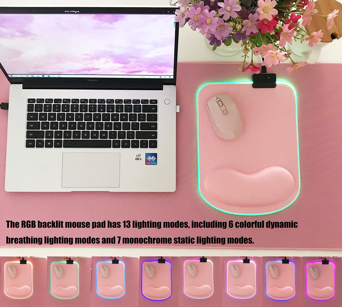 RGB LED Wrist Support Mouse Pad with 13 Lighting Modes, Anti-Slip Rubber Base, Ergonomic for