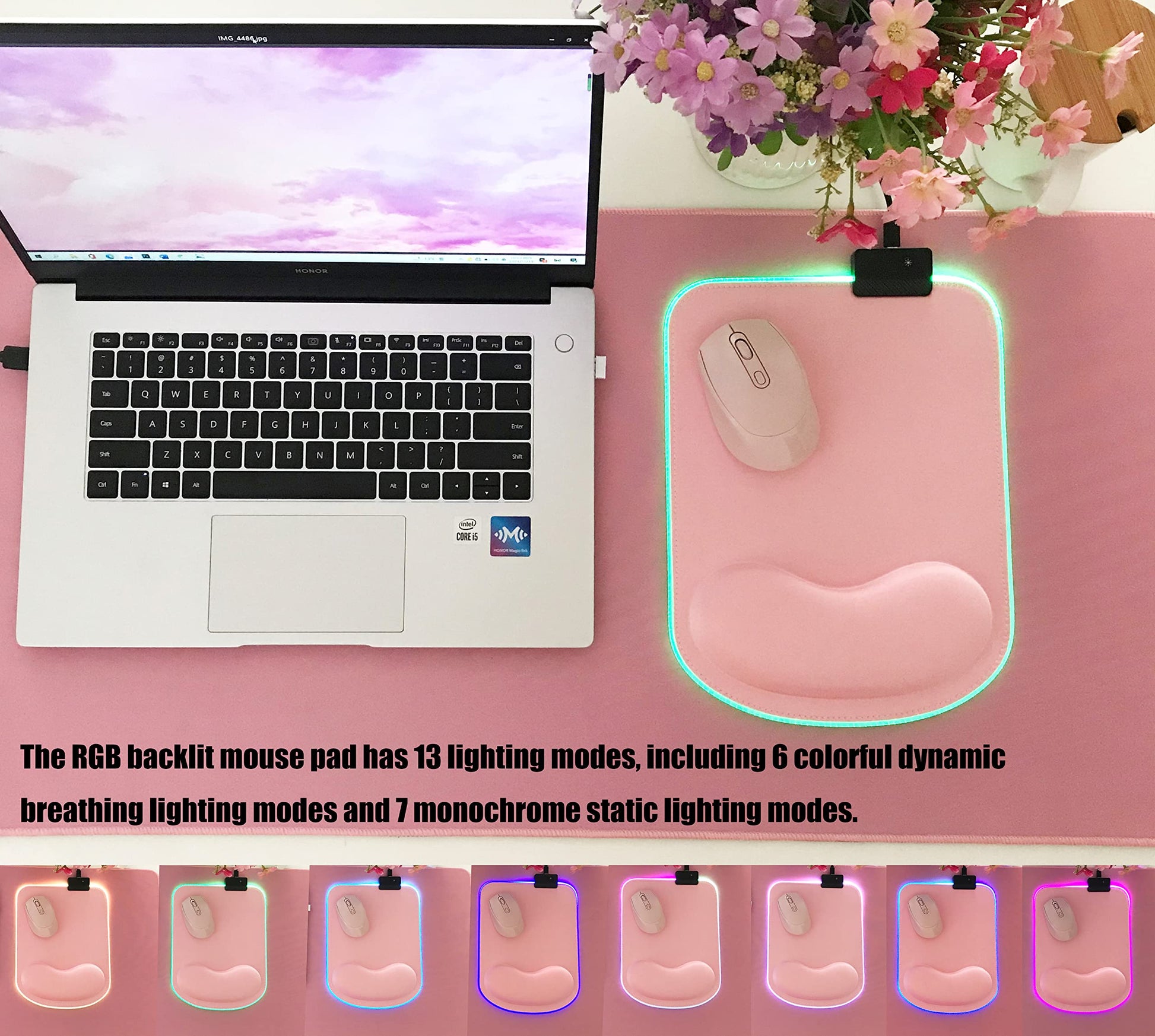 RGB LED Wrist Support Mouse Pad with 13 Lighting Modes, Anti-Slip Rubber Base, Ergonomic for