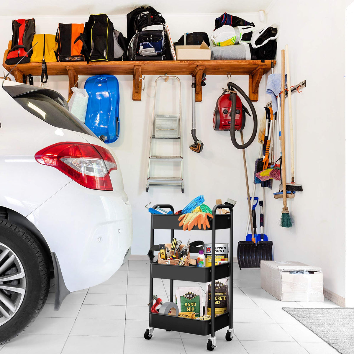 CAXXA 3-Tier Rolling Metal Storage Organizer - Mobile Utility Cart, Kitchen Cart with Caster Wheels