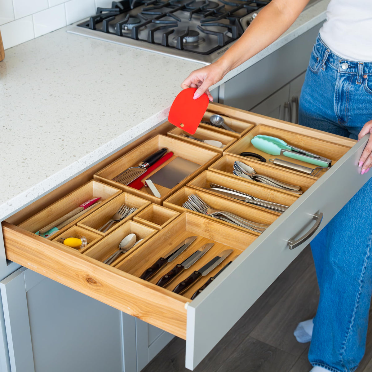 Grow Forward Bamboo Drawer Organizer Boxes - Set of 7 Wooden Drawer Organizers for Kitchen