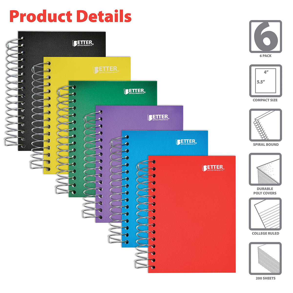 Better Office Products Fat Book Spiral Notebooks, 6 Pack, Small Notebooks with Poly Plastic Covers