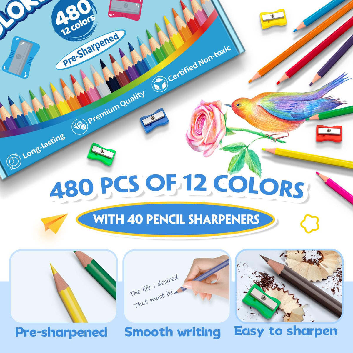 Colored Pencils Bulk, 480 Count Color Pencils for Kids Classroom, 12 Colors