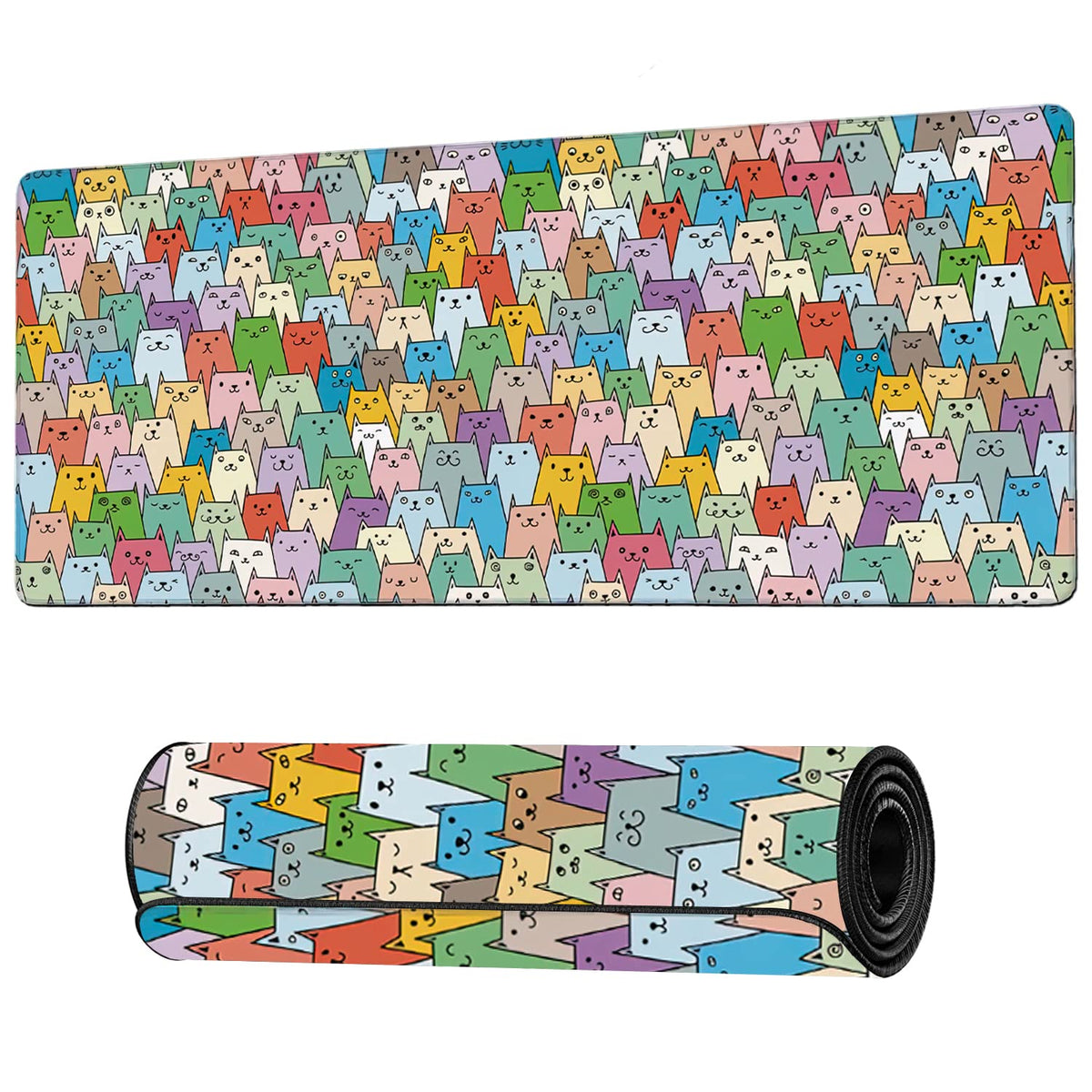 Cute Colorful Cats Extended Gaming Mouse Pad Large Desk Mat with Non-Slip Rubber Base and Stitched