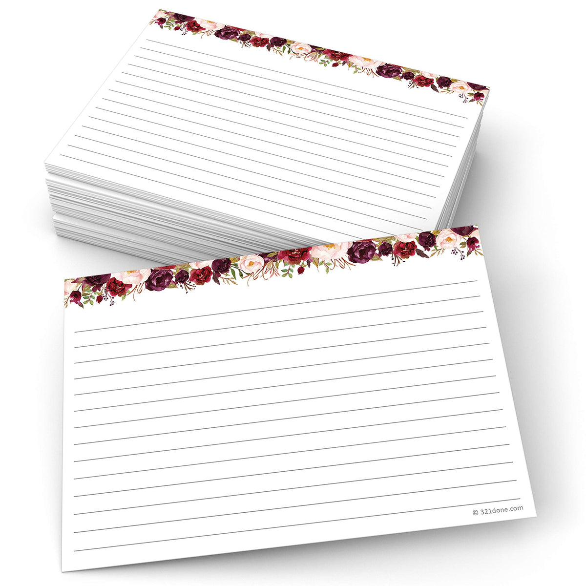 321Done Ruled Index Cards, Large 5x7, Set of 50, Red Roses on White