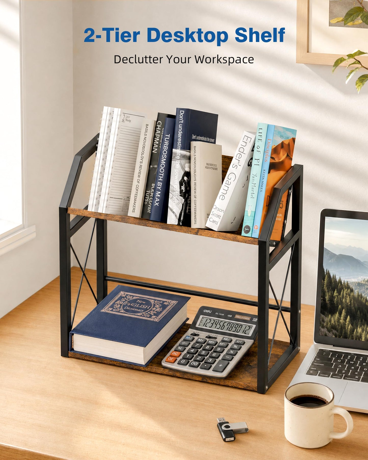 ART-GIFTREE Desktop Bookshelf, Wooden Desk Shelf Organizer, Brown