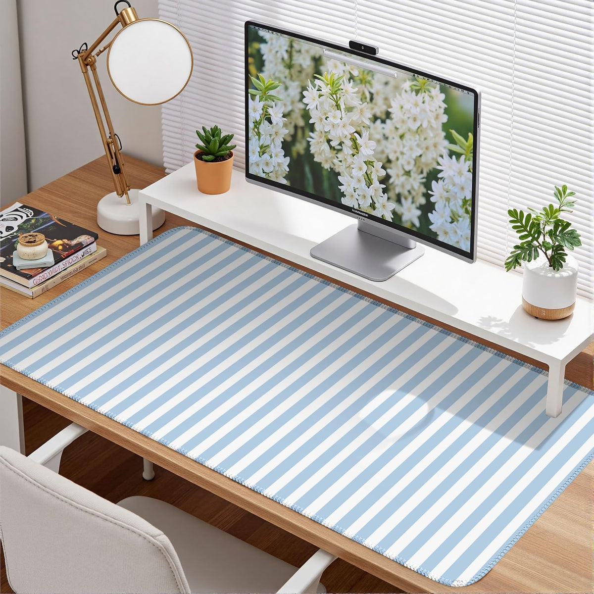 Nasdalgias Blue Striped Desk Mat Cute Pastel Large Mouse Pad Kawaii Aesthetic Extended Mat for Home