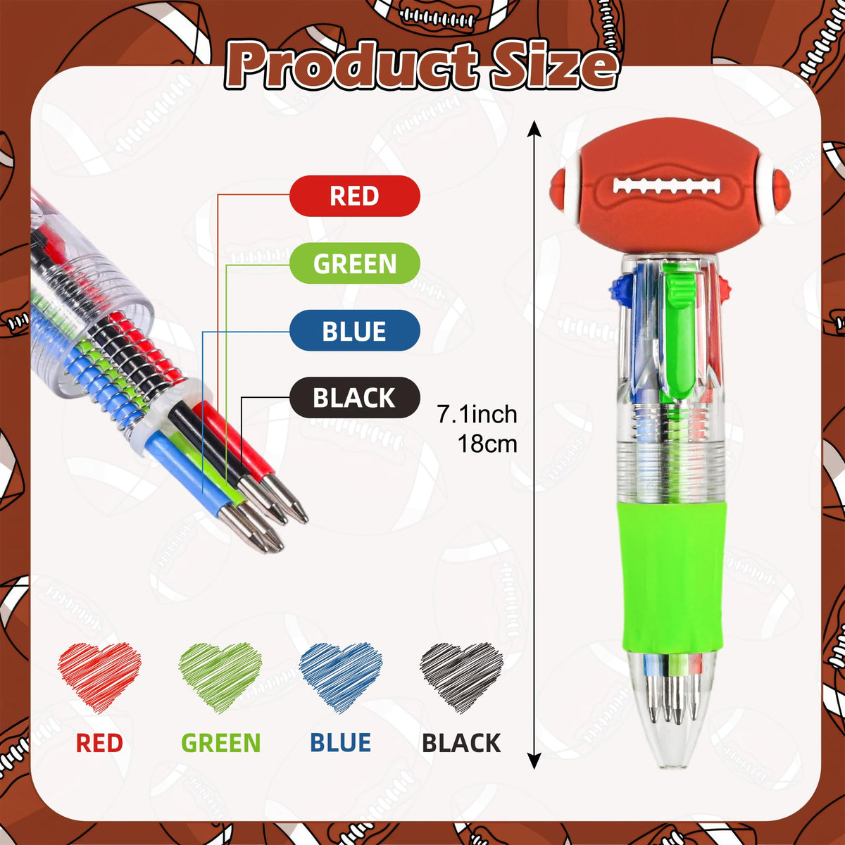 LiYiQ 50 Pcs Football Multicolor Pen in One Cartoon Cute Fun 4-in-1 Cute Pens Bulk Kawaii Football