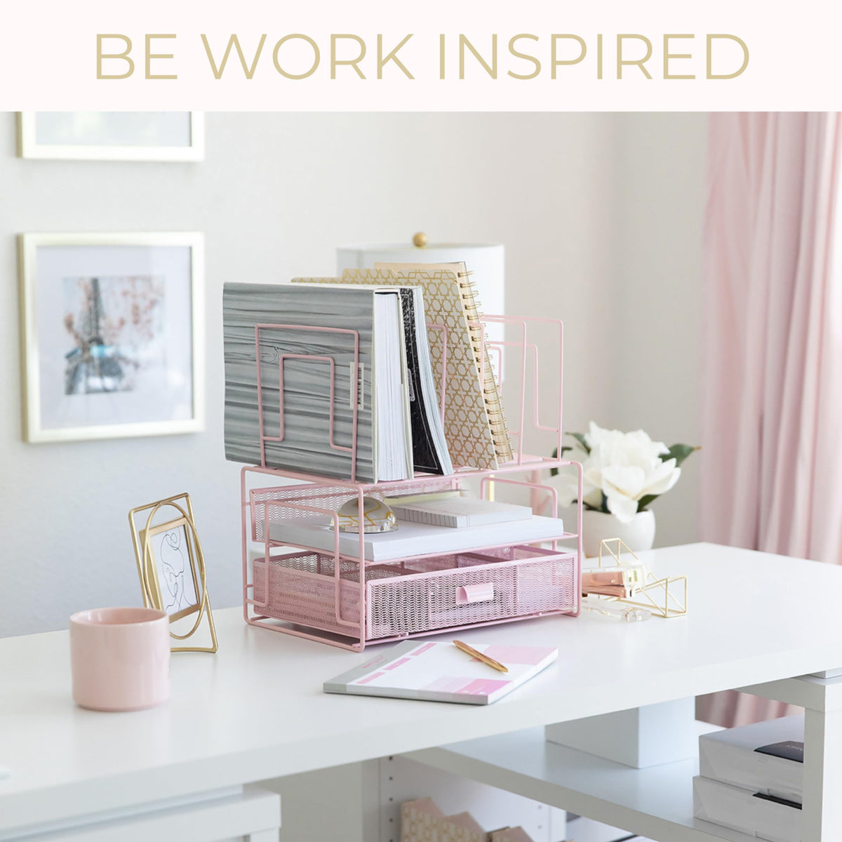 BLU MONACO | Pink Desk Organizer with Drawer | Wire Mesh Desk Organizer File Sorter | Metal Desktop