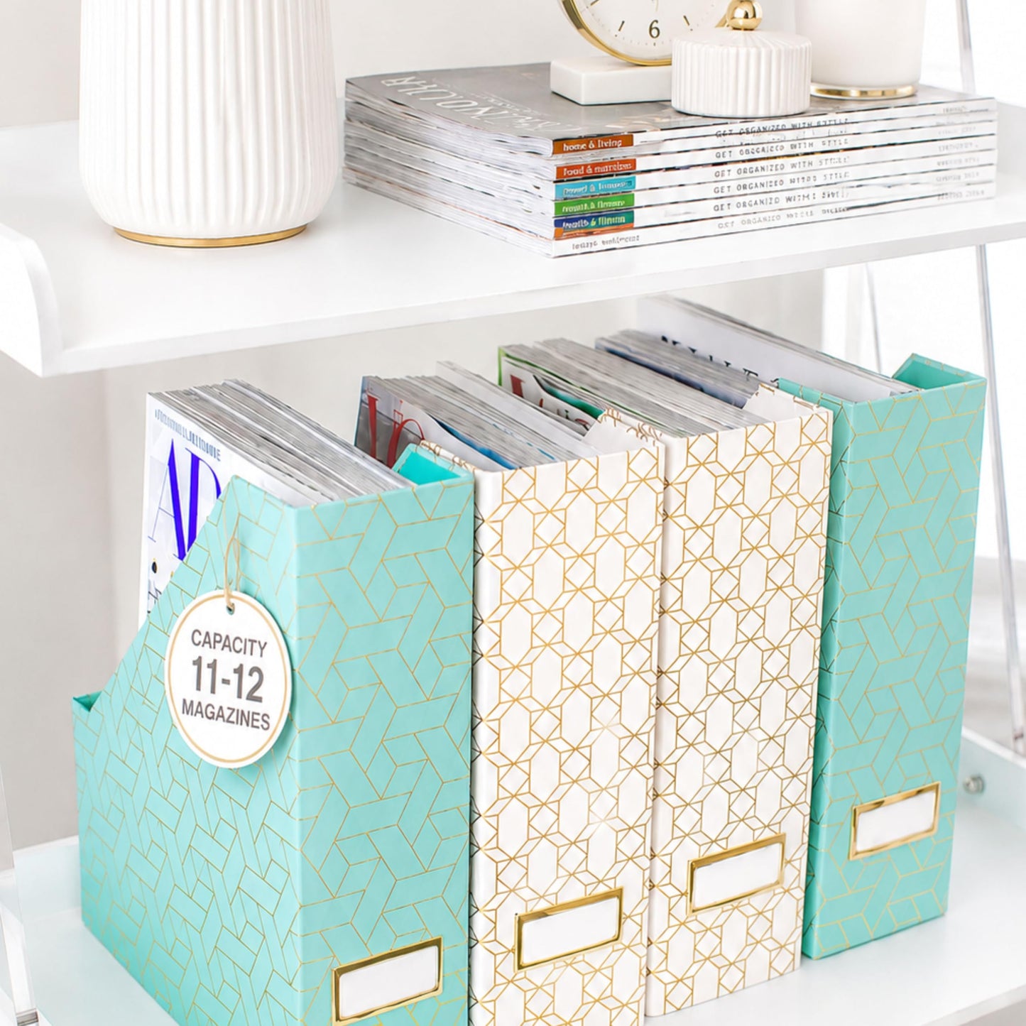 BLU MONACO | Set of 4 Foldable Pink & Aqua Magazine File Holders with Gold Geometric Patterns |