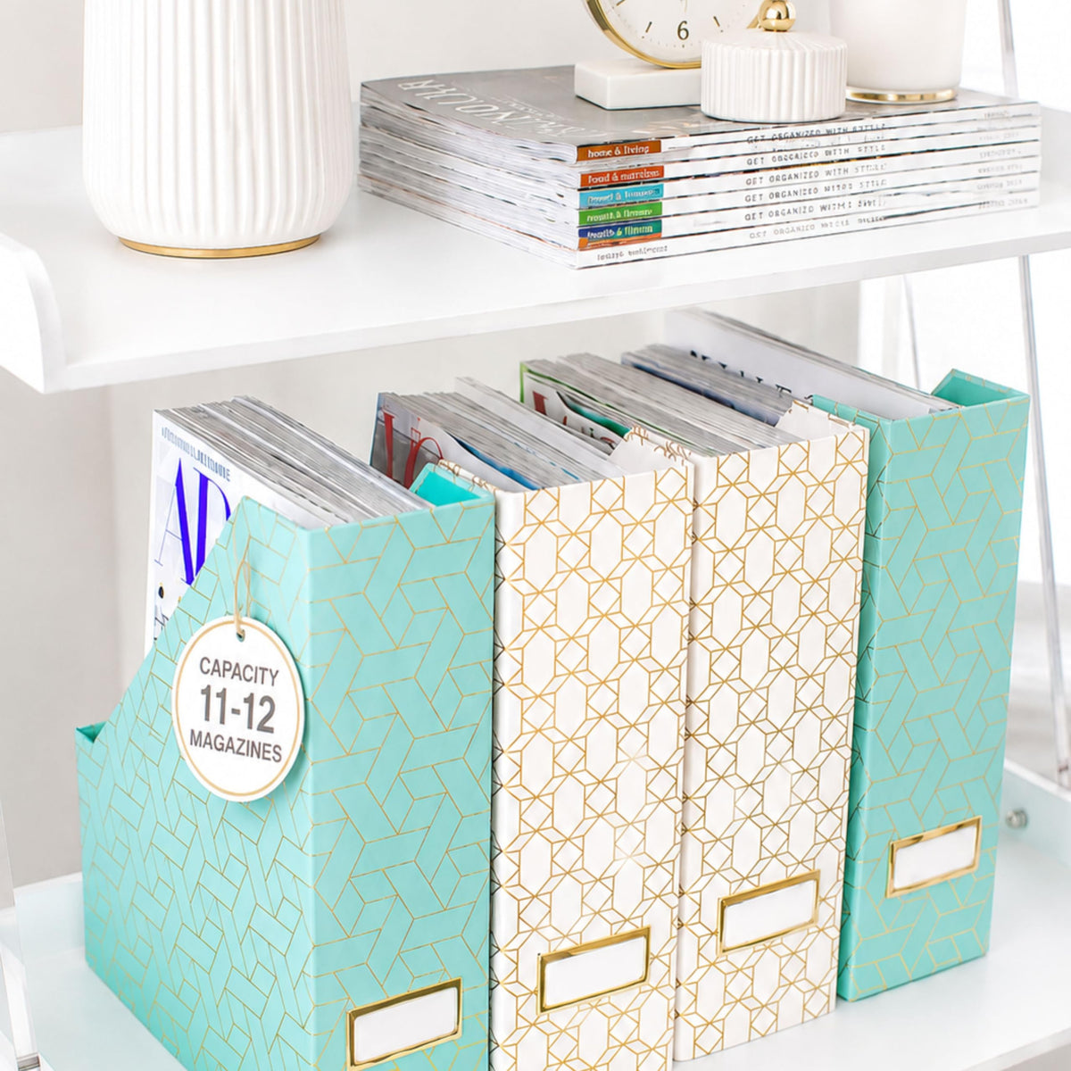 BLU MONACO | Set of 4 Foldable Pink & Aqua Magazine File Holders with Gold Geometric Patterns |