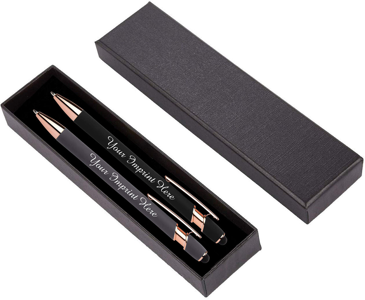 ExpressDesigns™ - Personalized Pens Gift Set - 2 Pack of Rose Gold Soft Touch Metal Pens w/gift box